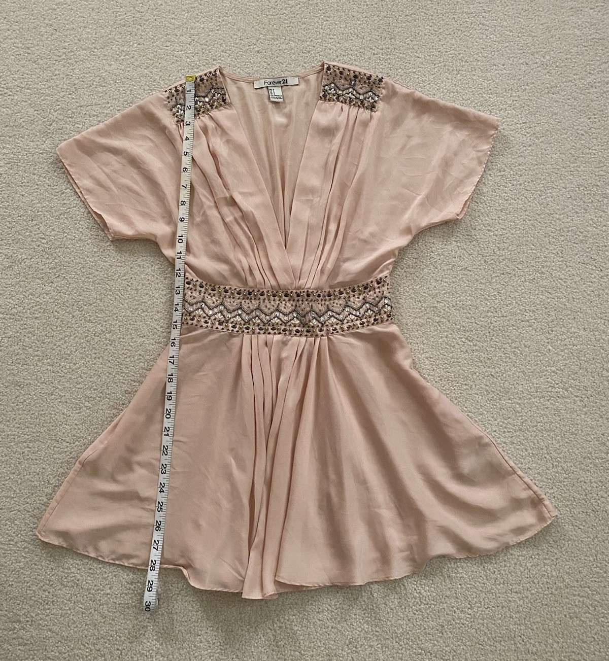 Forever 21 Peach Beaded Romantic Ethereal Babydoll V-Neck Top Short Sleeve ~ S