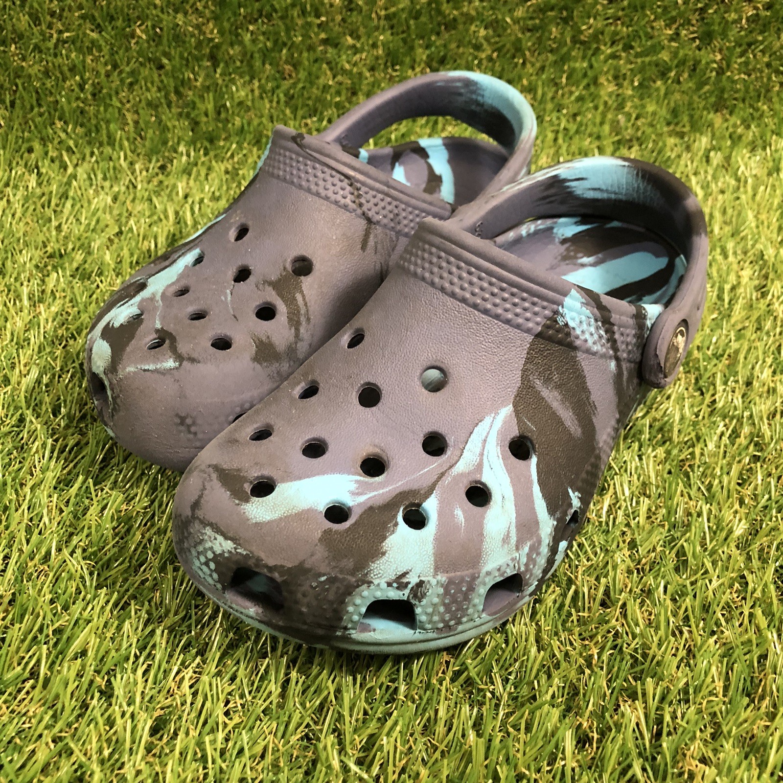 Crocs Classic Clog Unisex Kids Gray Blue Black Camo Slip-On Size C11