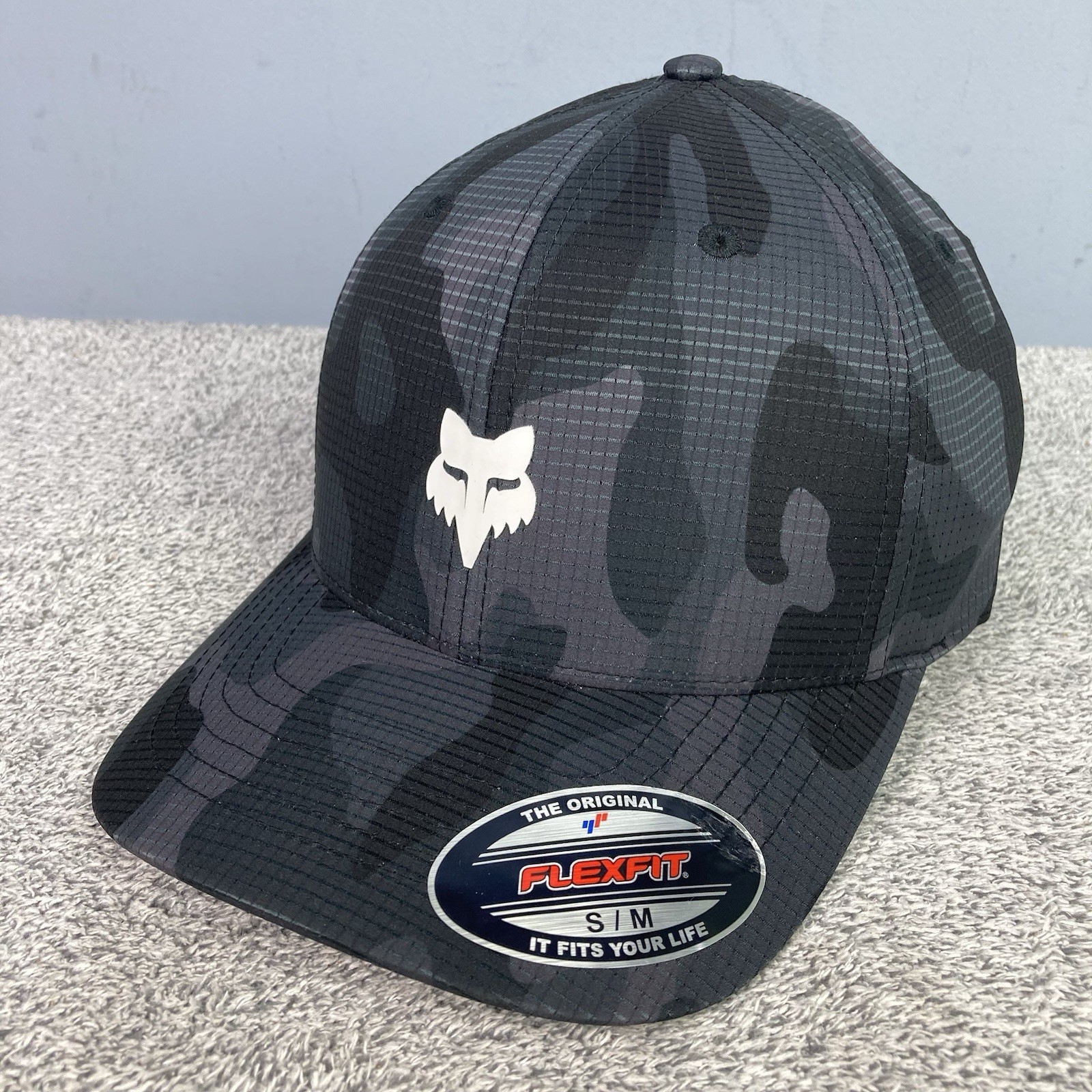 Fox Racing Hat OG Logo Tech FlexFit Camo Adult Men’s Black Gray S/M NEW