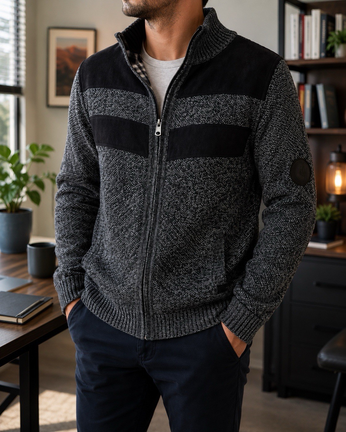 Buffalo David Bitton Men’s Full Zip Sweater Gray Black Mock Neck Size XL/TG