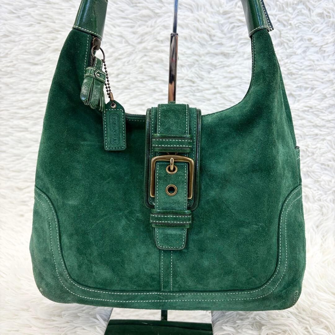 COACH Vintage Suede Hobo Shoulder Bag Green Gold Tassel Women 12.6in Lush Style