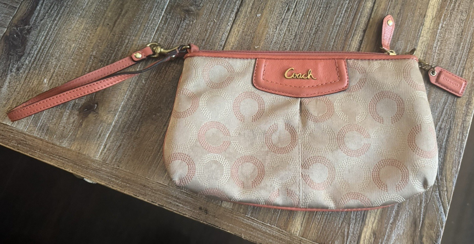 Coach Signature Logo Zip Wristlet Pouch Wrist Strap Beige Pink Lined Small