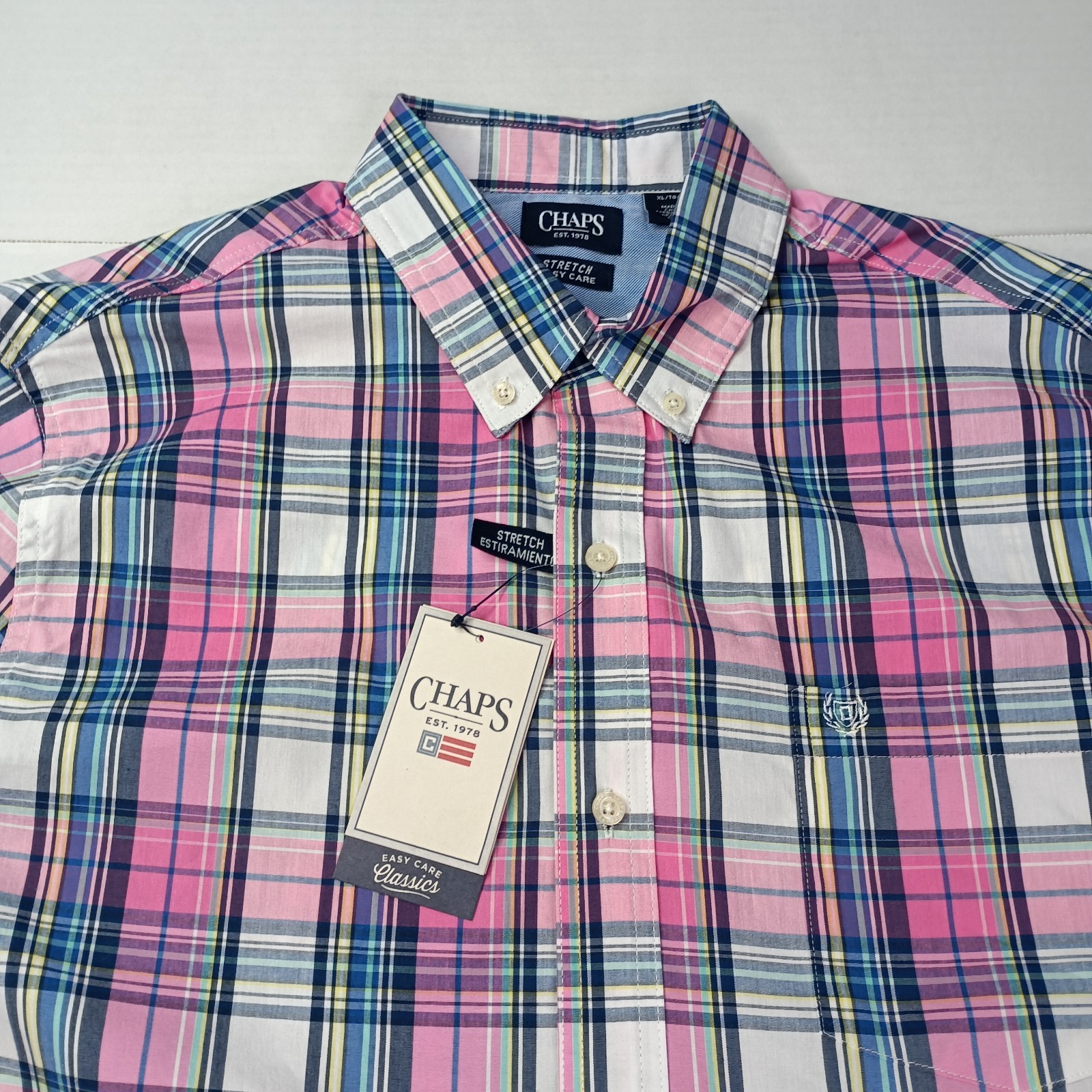 Chaps Easy Care Woven Shirt Men’s Size XL Peony Pink Plaid Stretch Classic Fit