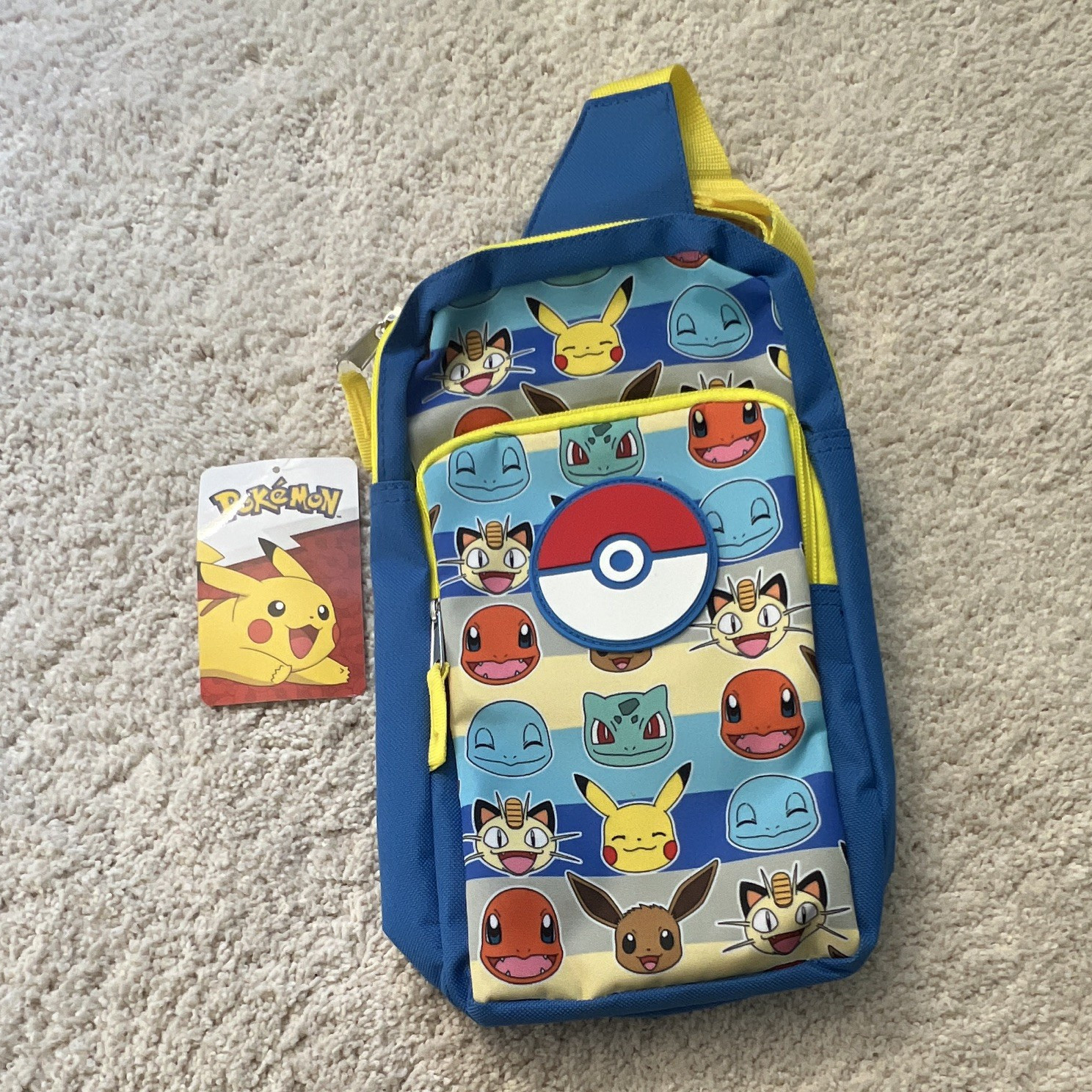 Pokémon Kids Small Blue/Yellow Sling Bag Zip Adjustable Strap Pikachu & Friends