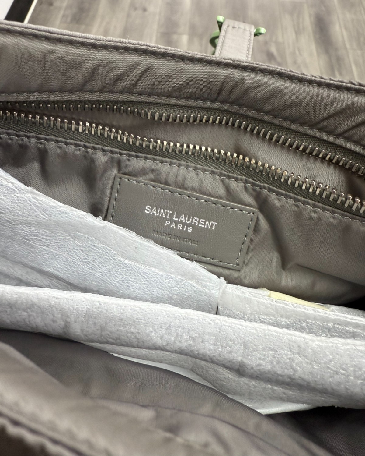 Saint Laurent 2023 Womens Nylon Le 5 A 7 Hobo Shoulder Bag Gray Mint Green
