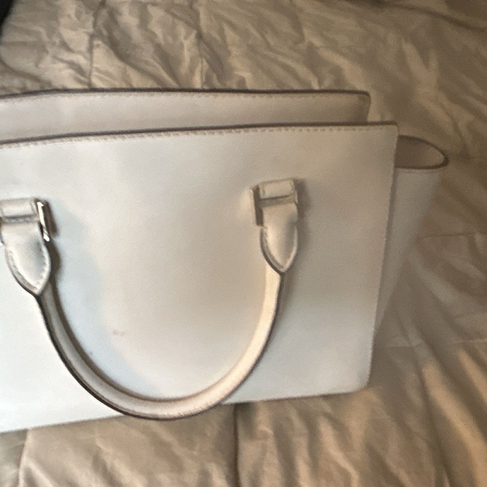 Michael Kors White Satchel Top Handle Bag, Gold Hardware, Logo, Charm, Pockets