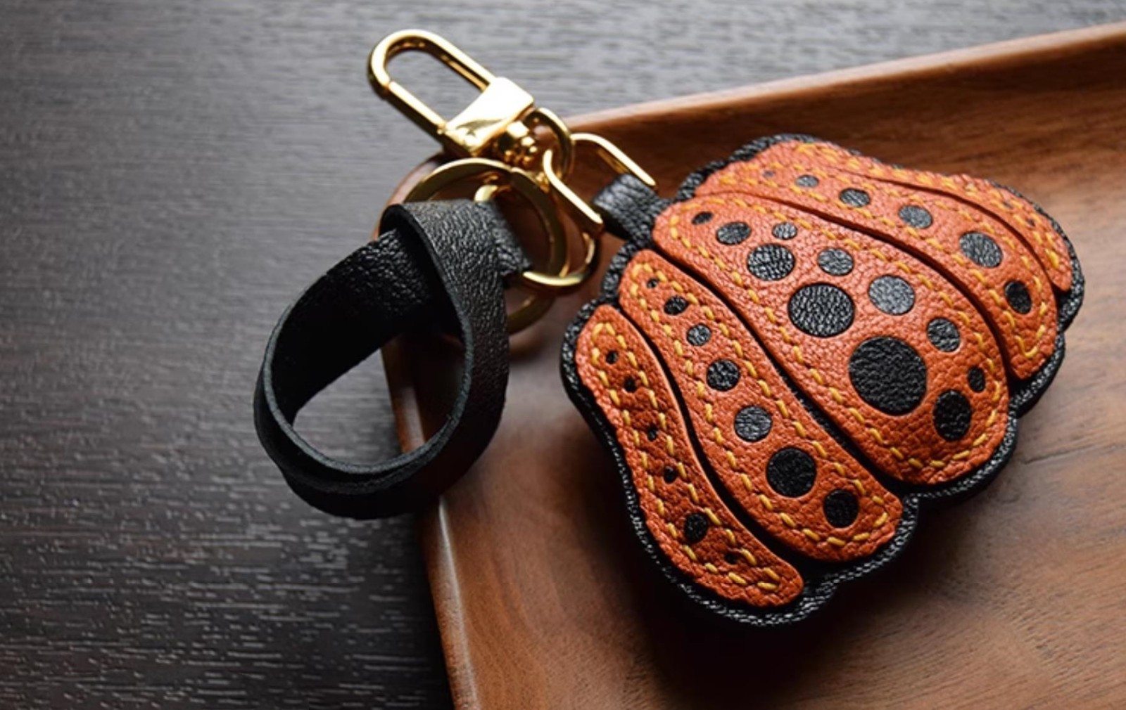 Halloween Pumpkin Bag Charm Pendant Handmade Lambskin Leather Keychain Key Ring