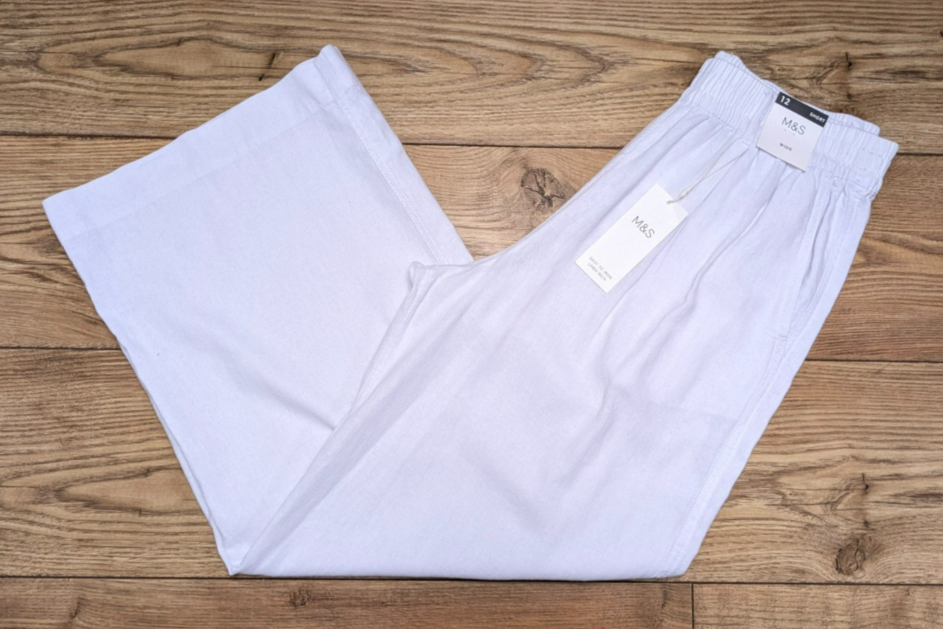 M&S WHITE Linen Rich Wide Leg High Rise Elasticated Waist Trousers 16 regular