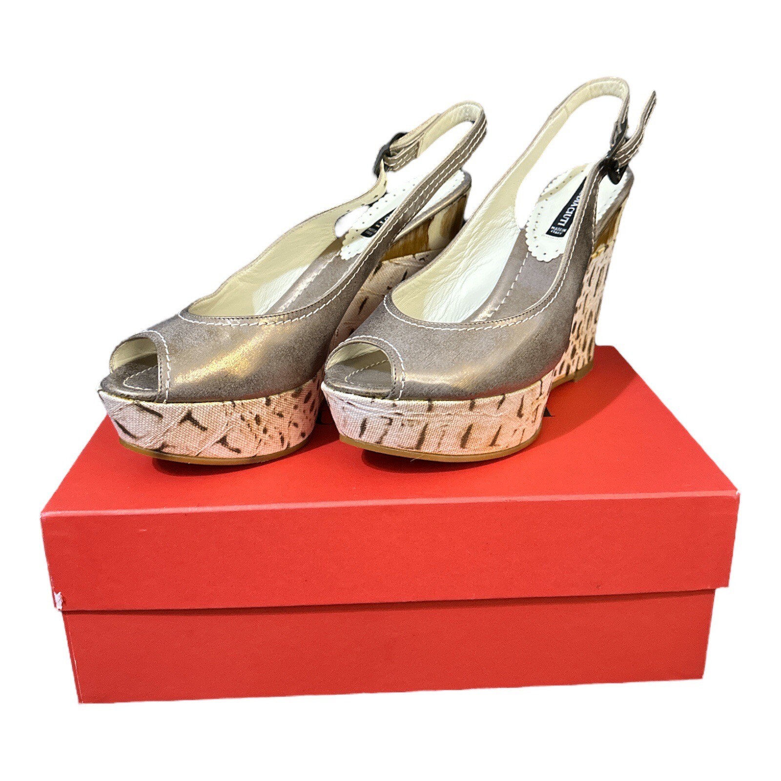 Claudia Ciuti Deanna Womens Bronze Open Toe Leather Wedge Heels Size 7.5 M