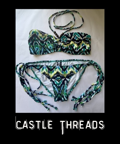 Women Forever 21 Swimwear Blue Green Print Bikini Set Two Piece Size Medium NWT