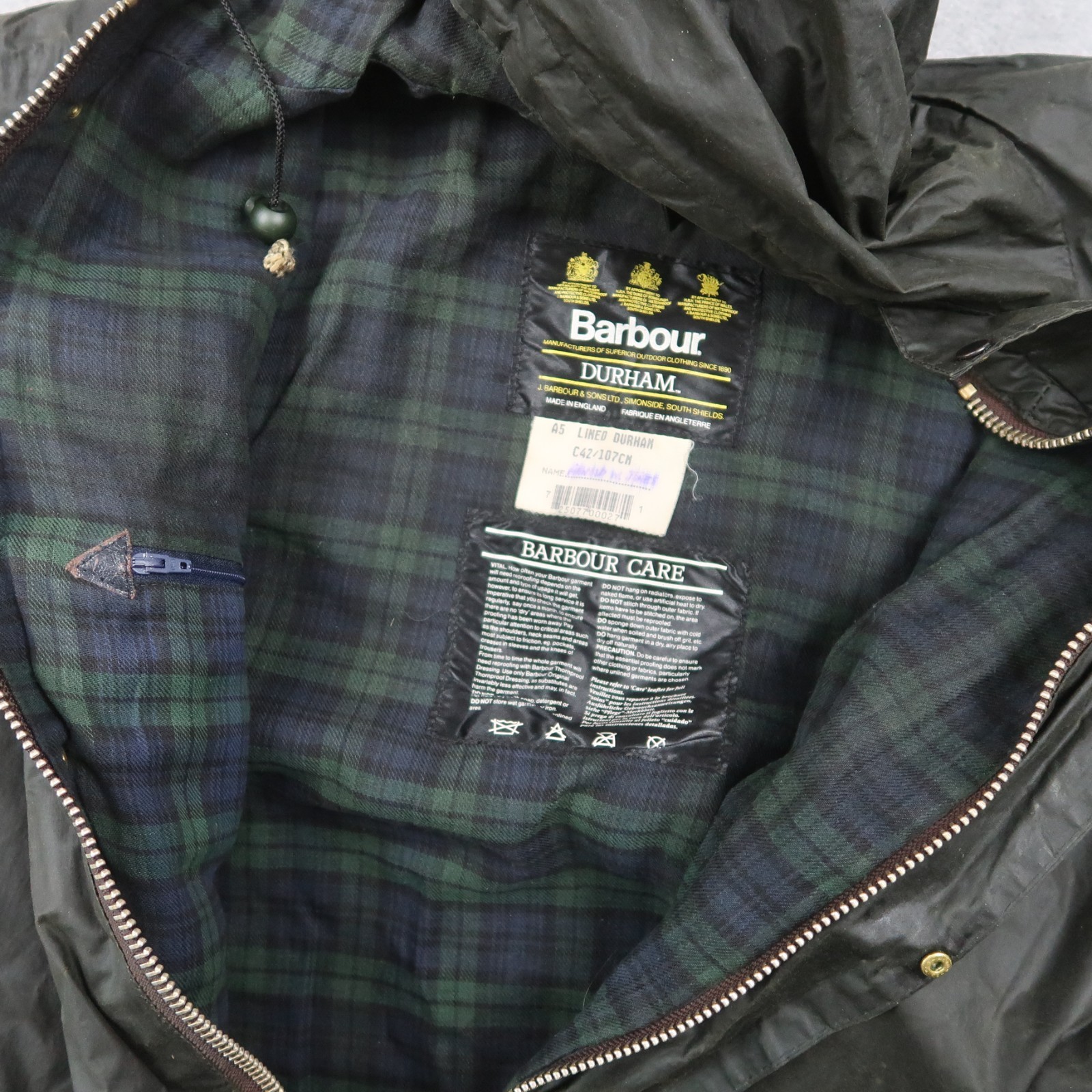 VIntage 90s Barbour Men’s A5 Lined Durham Wax Jacket Green C42 / 107CM