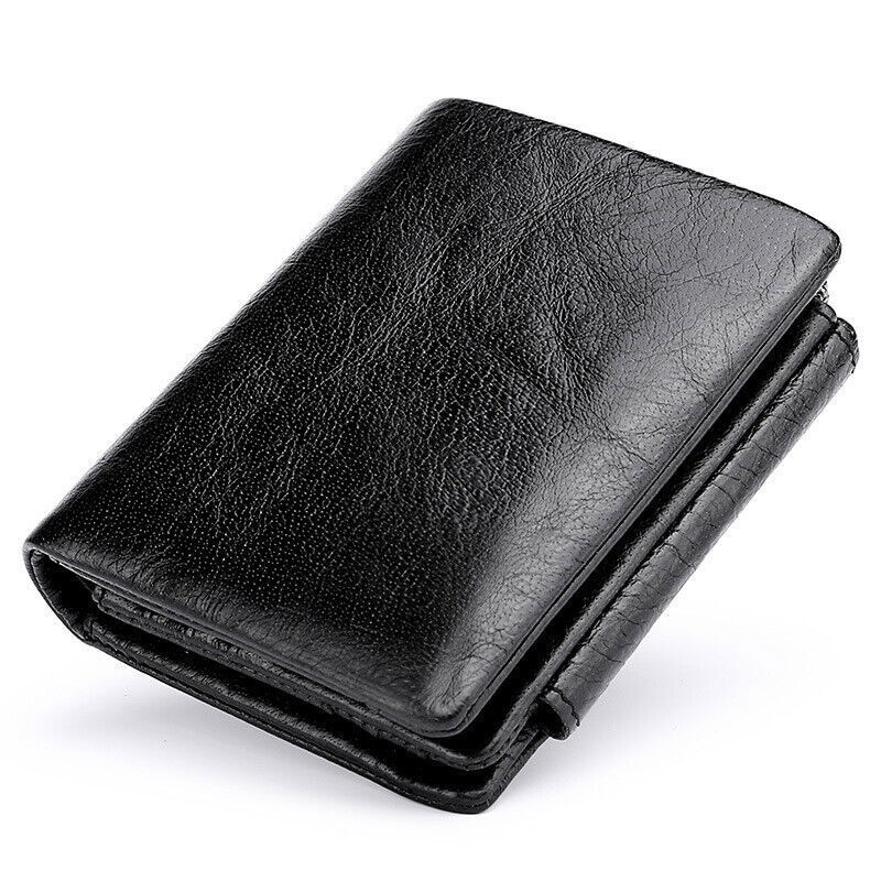 Cowhide Leather Mens Trifold Wallet RFID Blocking Card Holder Zipper Coin Purse