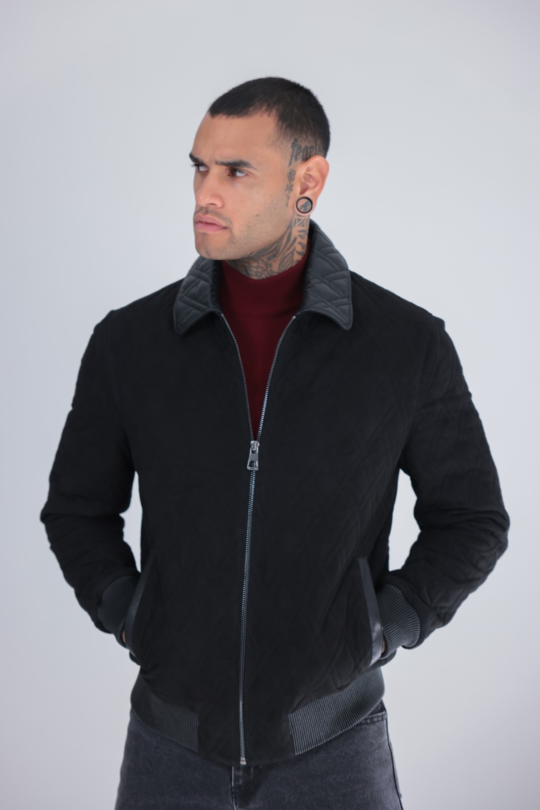 Men’s Genuine Suede Leather Bomber Jacket Black Rib Knit Zip 26″ – 65cm