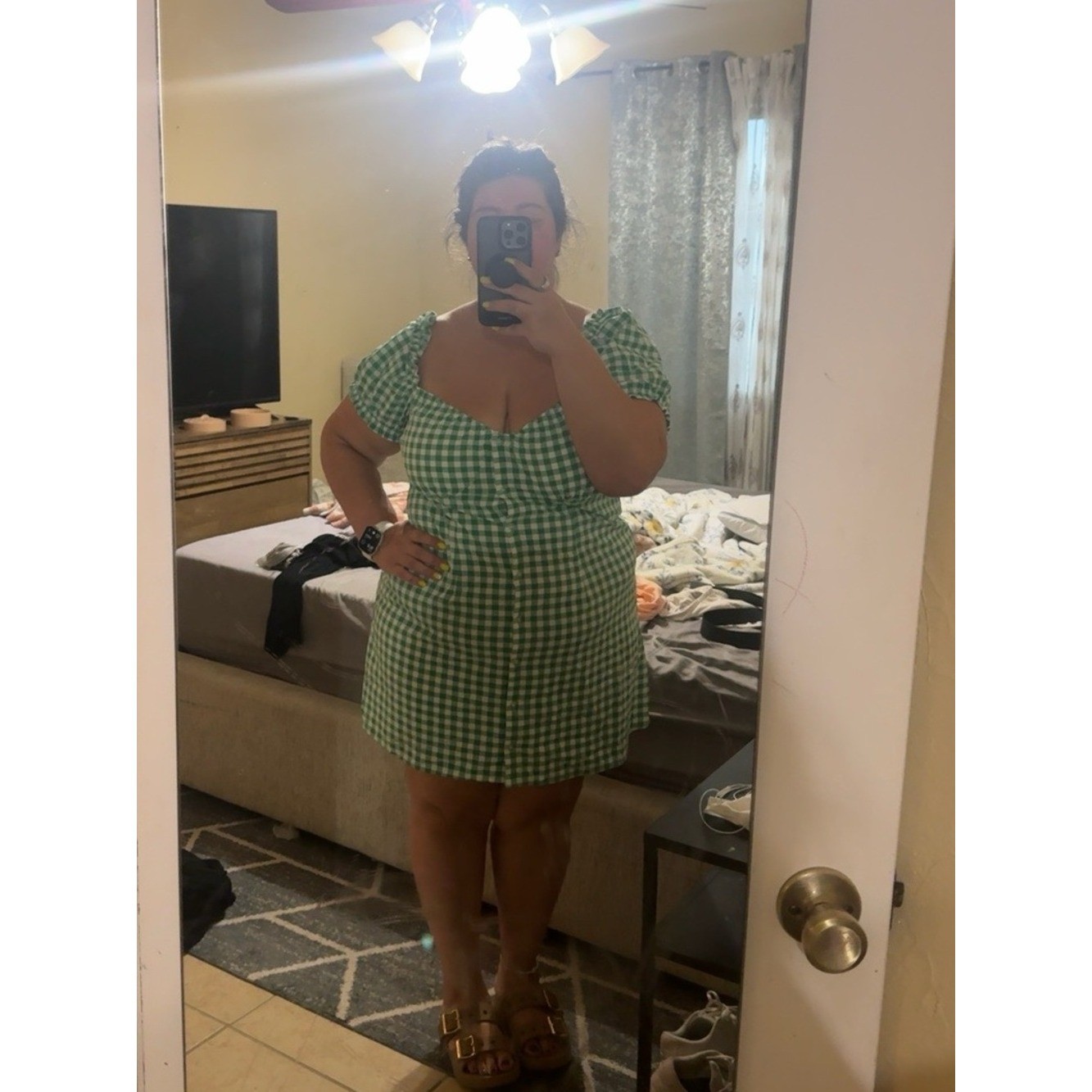 Green Gingham Milkmaid Mini Dress Puff Sleeve Cottagecore Picnic Coquette XL