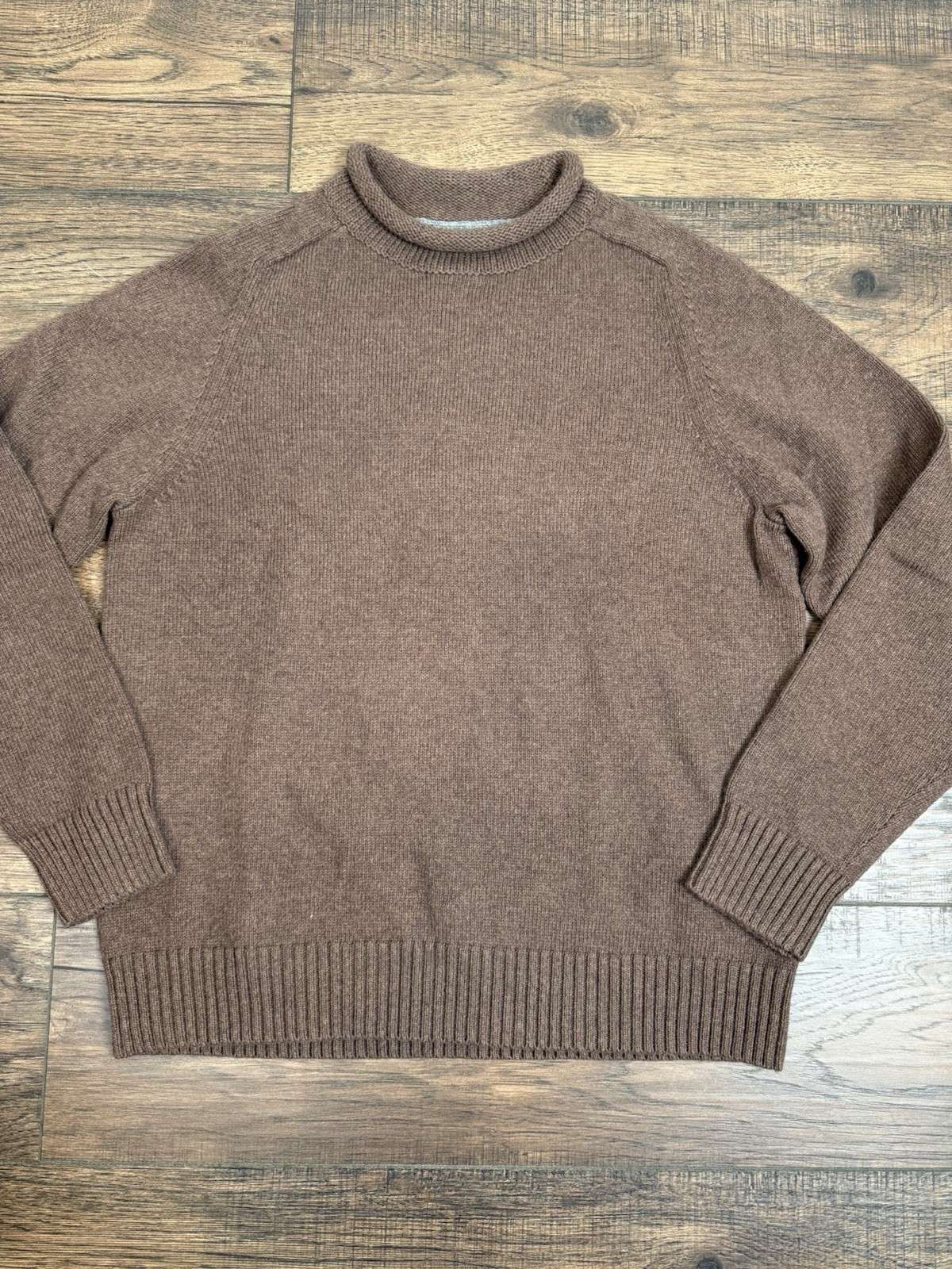 Lands End Roll Neck Sweater Mens Large Brown Fisherman Knit 90’s Preppy
