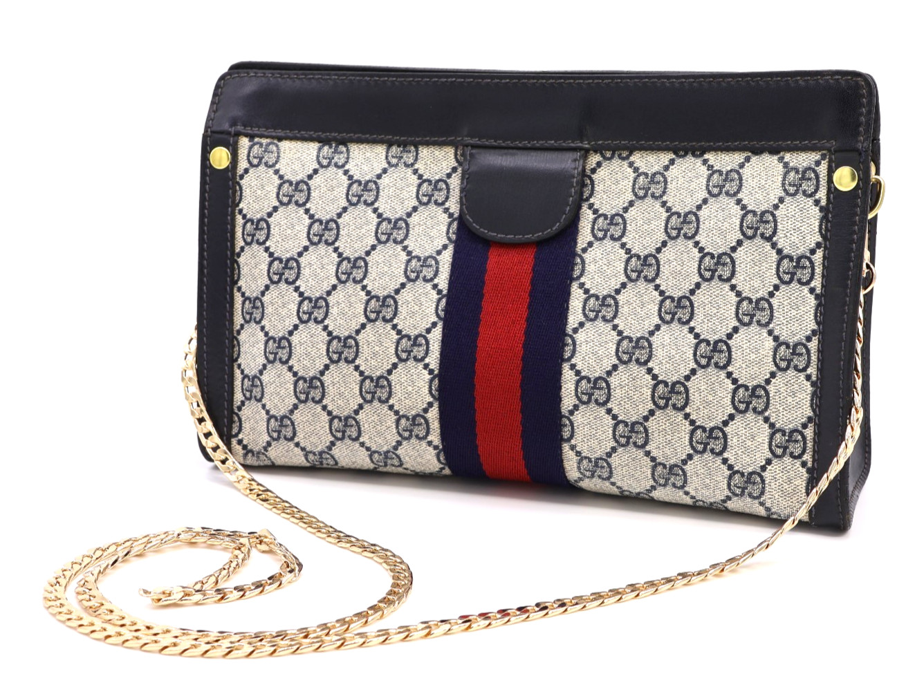 GUCCI VINTAGE GG Supreme Shoulder Bag Sherry Navy Medium Classic Authentic