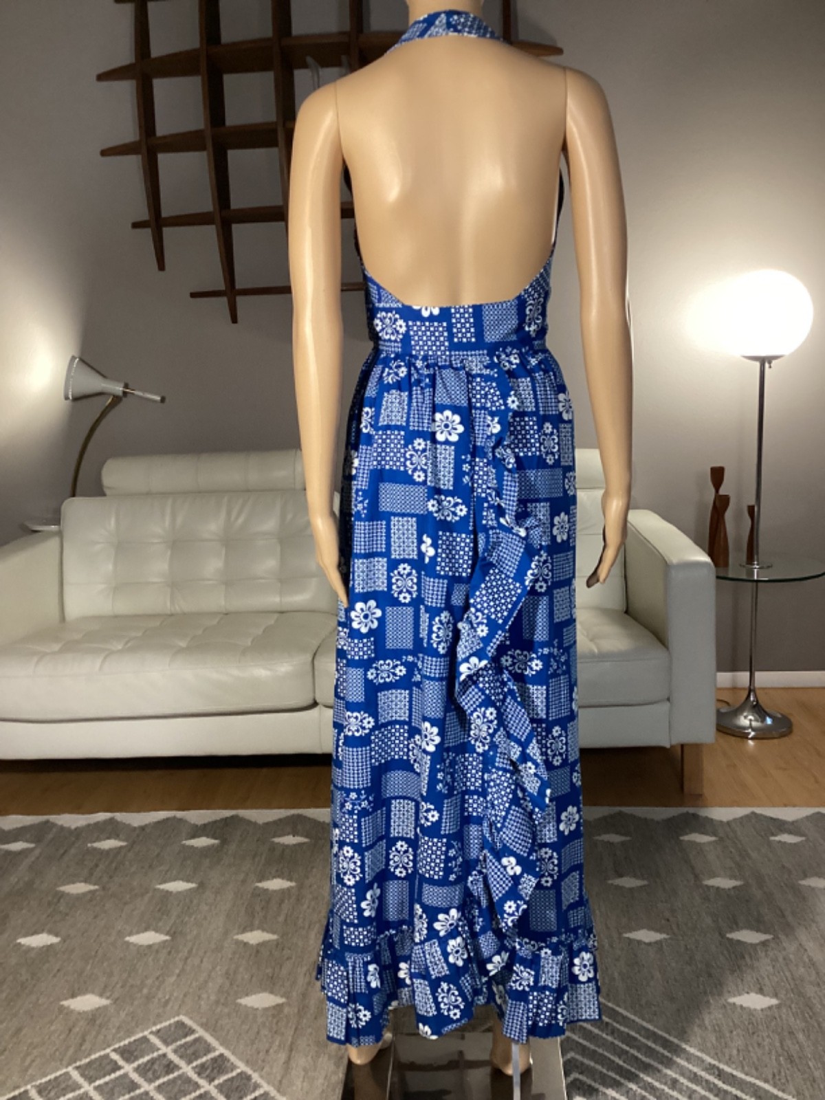 Vintage 70’s Apron Pinafore Maxi Halter Top Wrap Dress Hippie Boho Ruffles