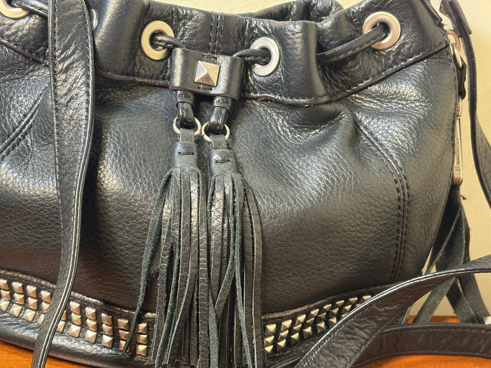 B. Makowsky Black Leather Fringe Studded Hobo Crossbody Bag Luxury Black NEW