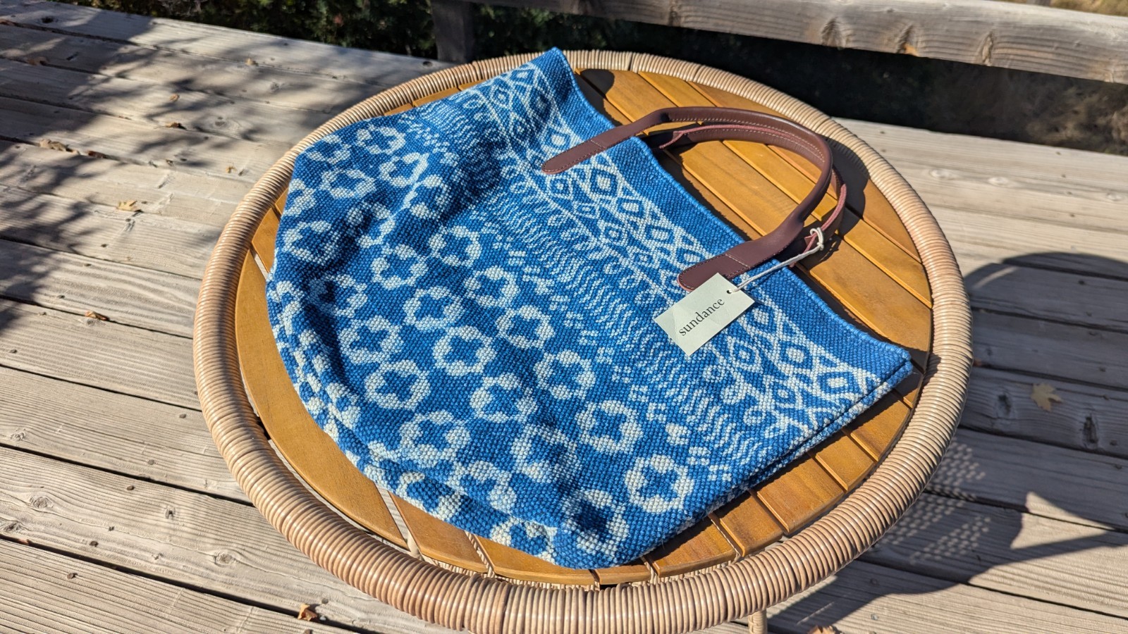 NWT SUNDANCE Woven Indigo Blue & White Shoulder Bag Purse With Leather Handles