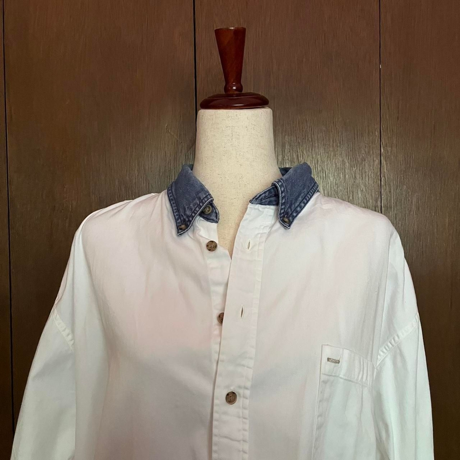 White Denim Button-Up Shirt with Blue Denim Collar