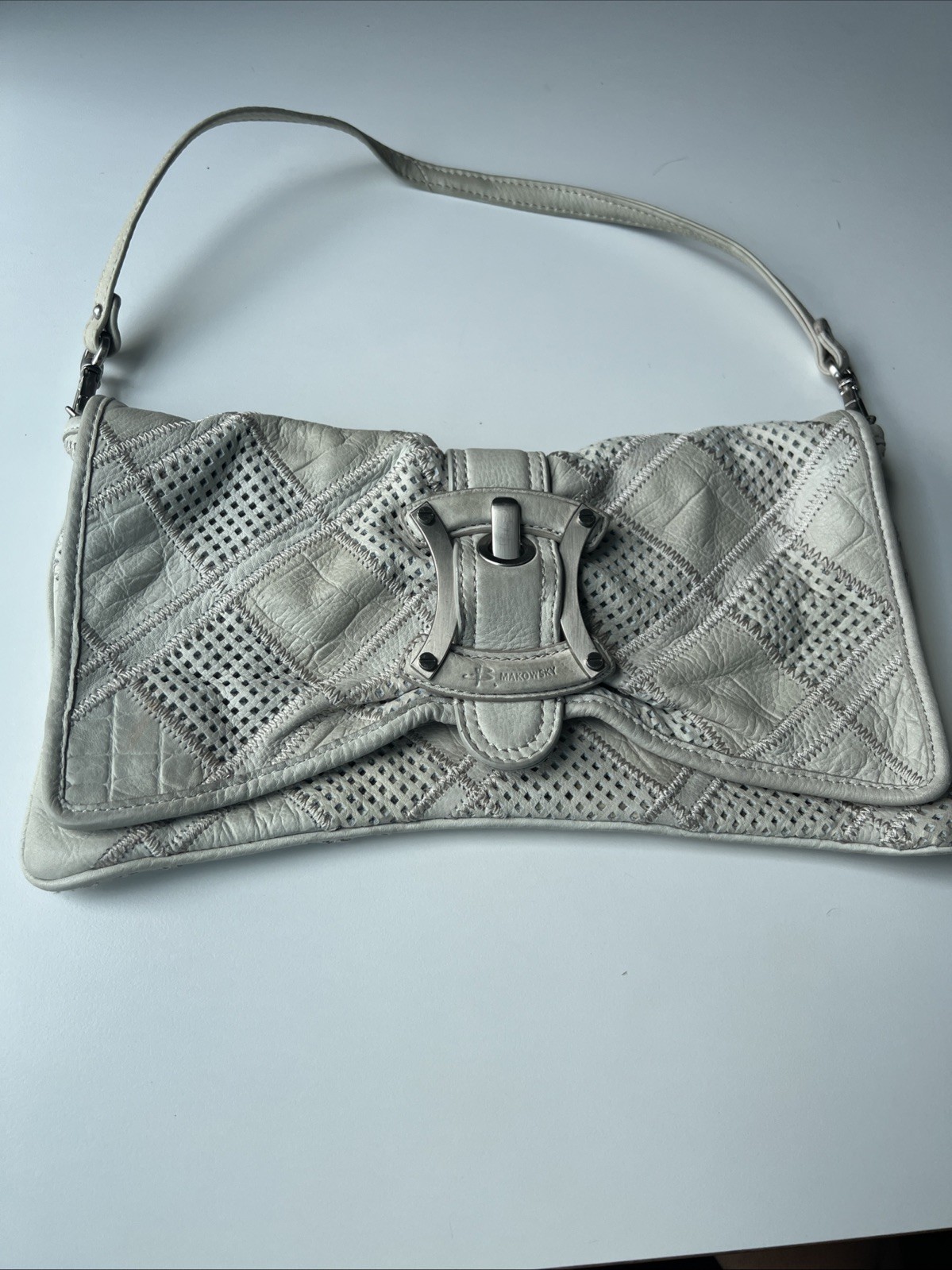 Makowsky Gray Leather Shoulder Bag Perforated Patchwork Silver Hardware Purse
