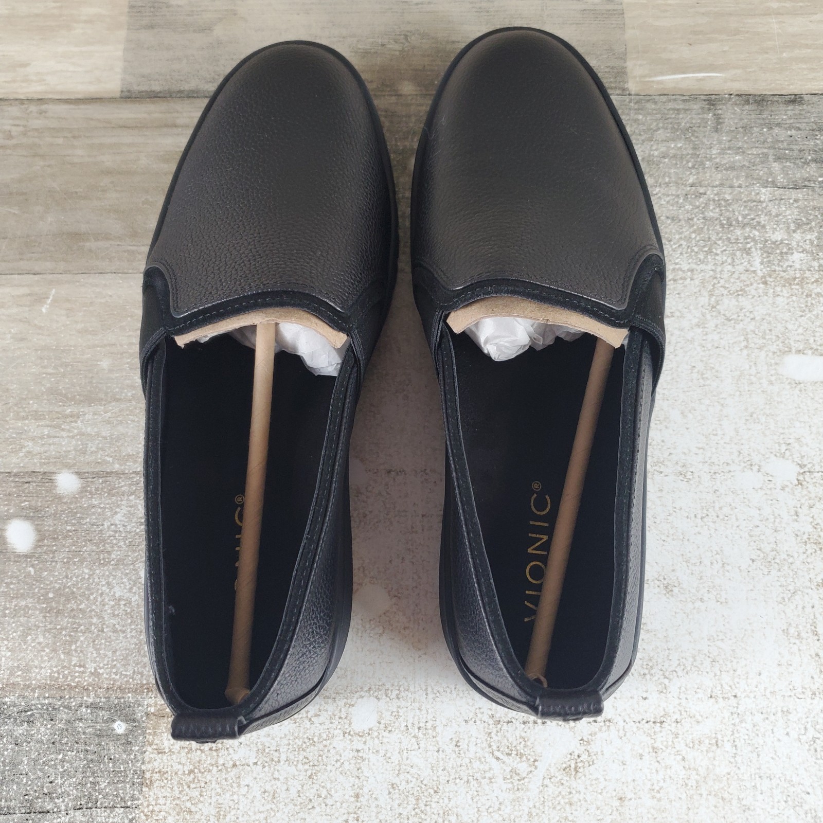 Vionic Cambria Womens Loafer Sz 8.5 Black Leather Elastic Gore Slip On Round Toe