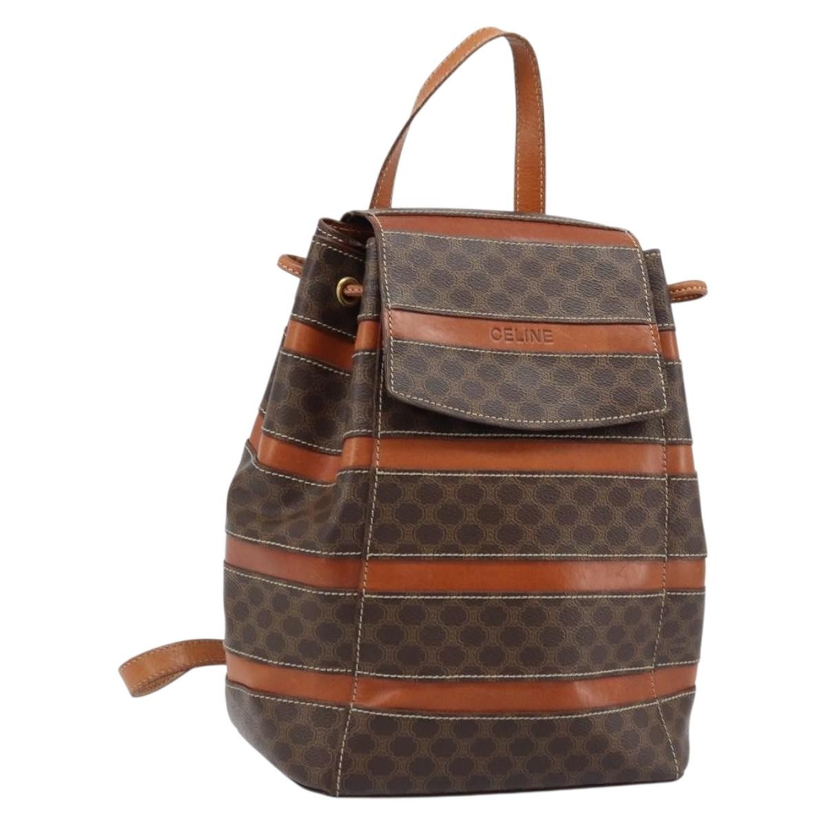 CELINE Macadam Canvas Backpack PVC Leather Brown Gold Auth bs33733
