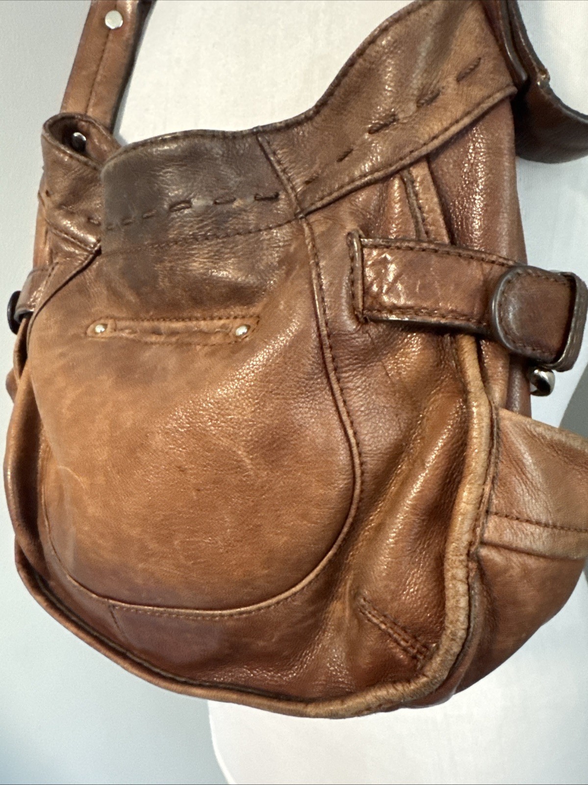 B. Makowsky Brown Leather Shoulder Bag Great Distressed Patina No Rips/Tears