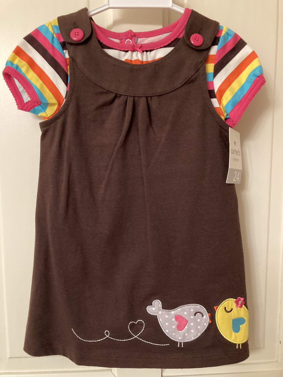 NWT Carter’s 24M girls Infant Brown Jumper Set birds applique Rainbow Bodysuit