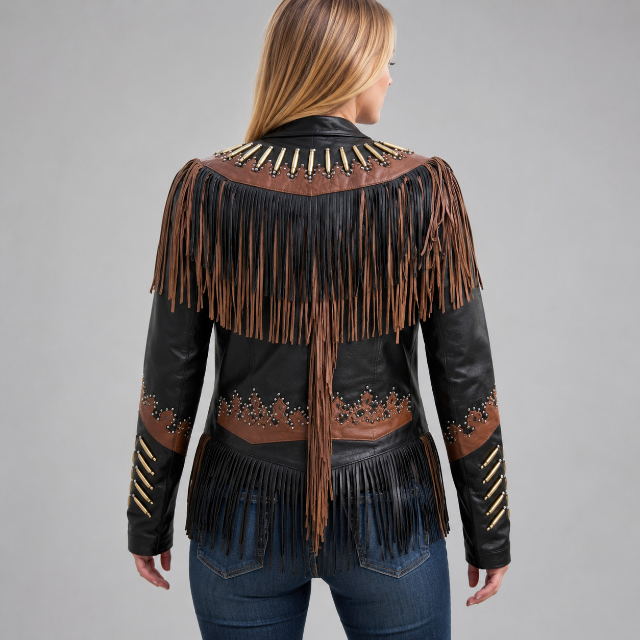 Women Native American Western Leather Jacket Lamb Fringe Beaded Cowboy Coat #11A