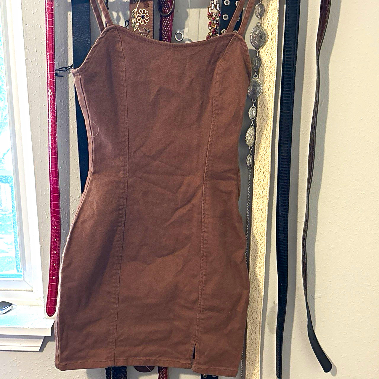 Divided by H&M Brown Denim Bodycon Mini Dress XS Square Neck Adjustable Zip