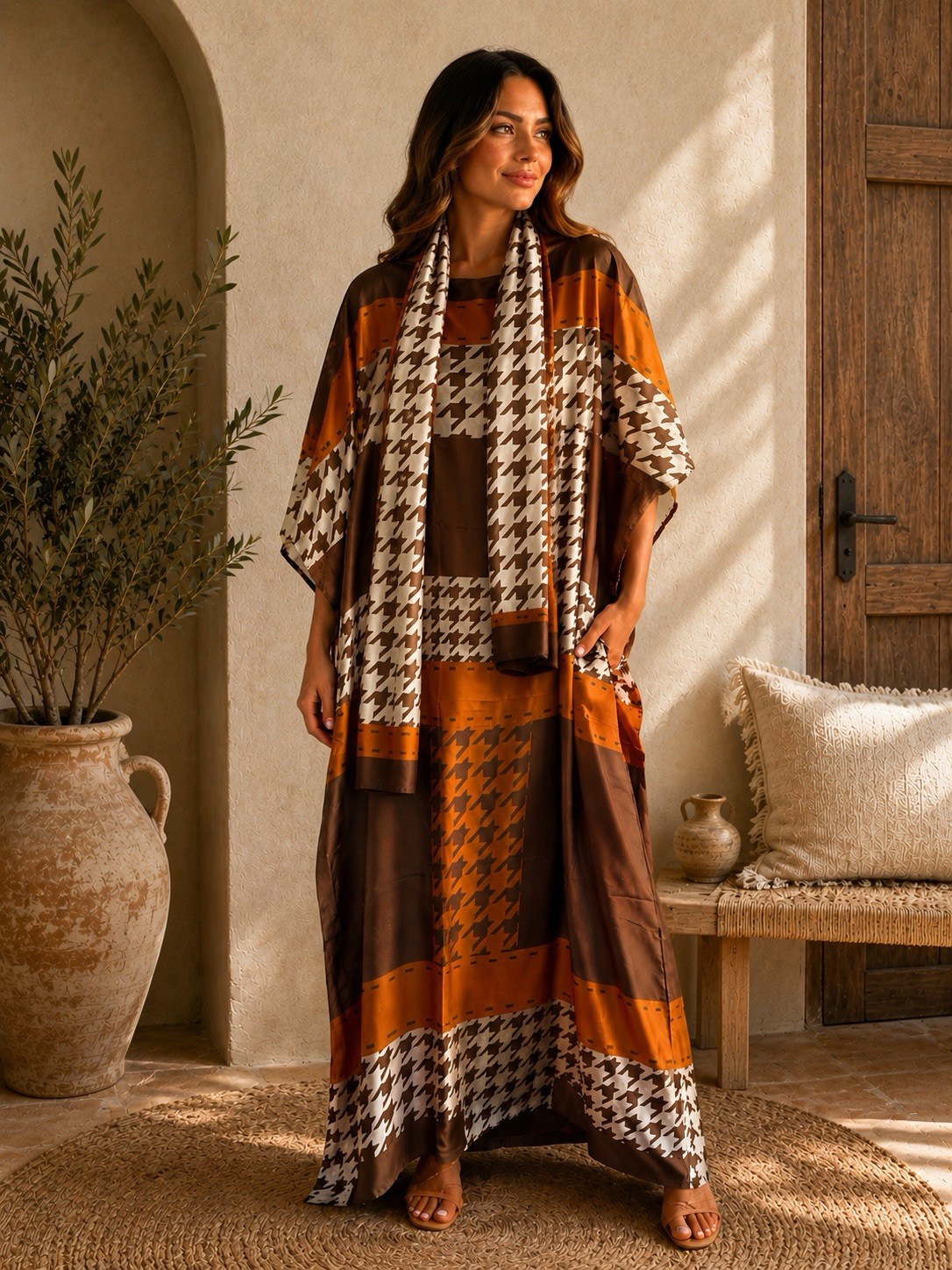 Long silky satin slip Kaftan Dress Geometric with scarf Boat Neck One Size