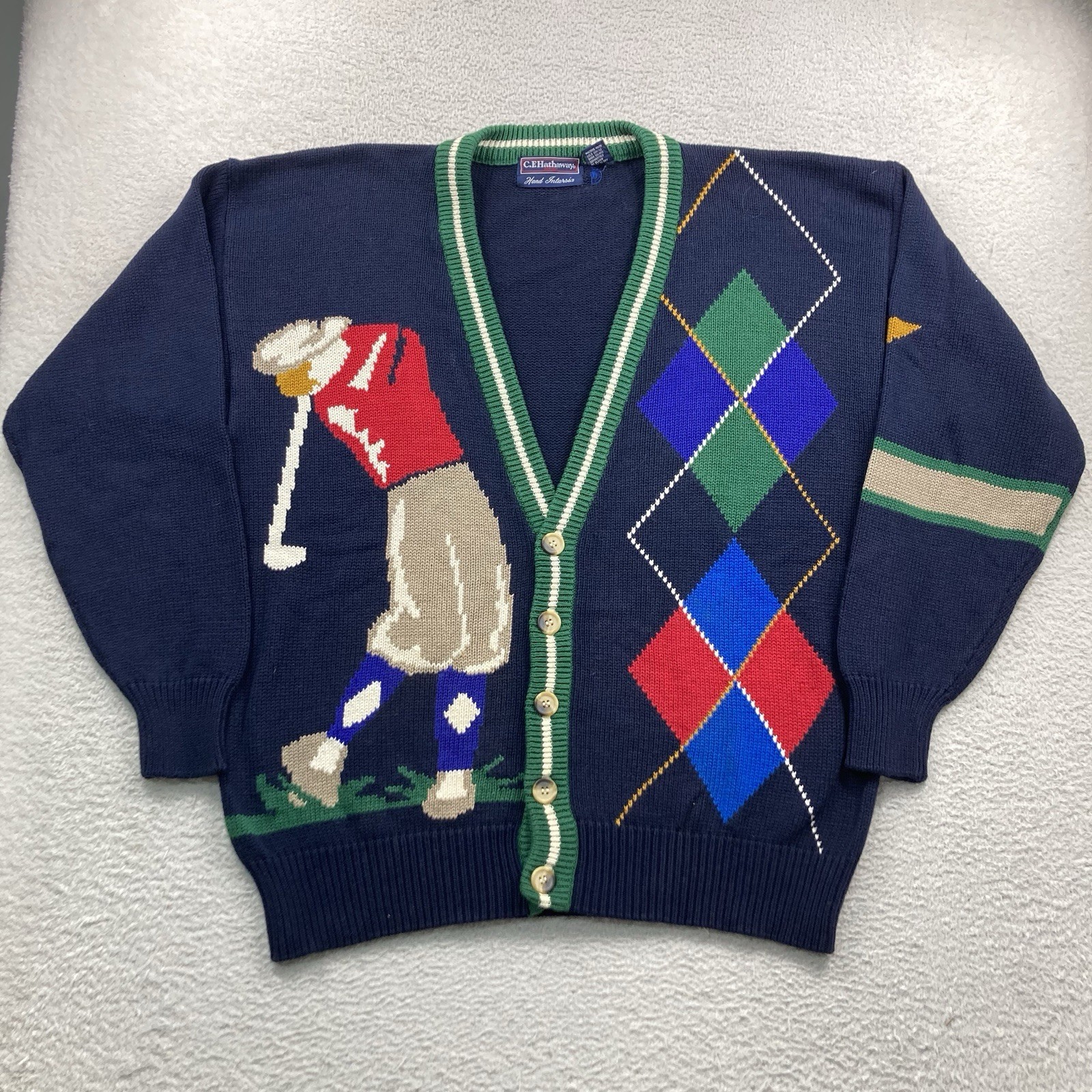Vintage Golf Cardigan Button Sweater Men Large Hand Intarsia Knit CF Hathaway