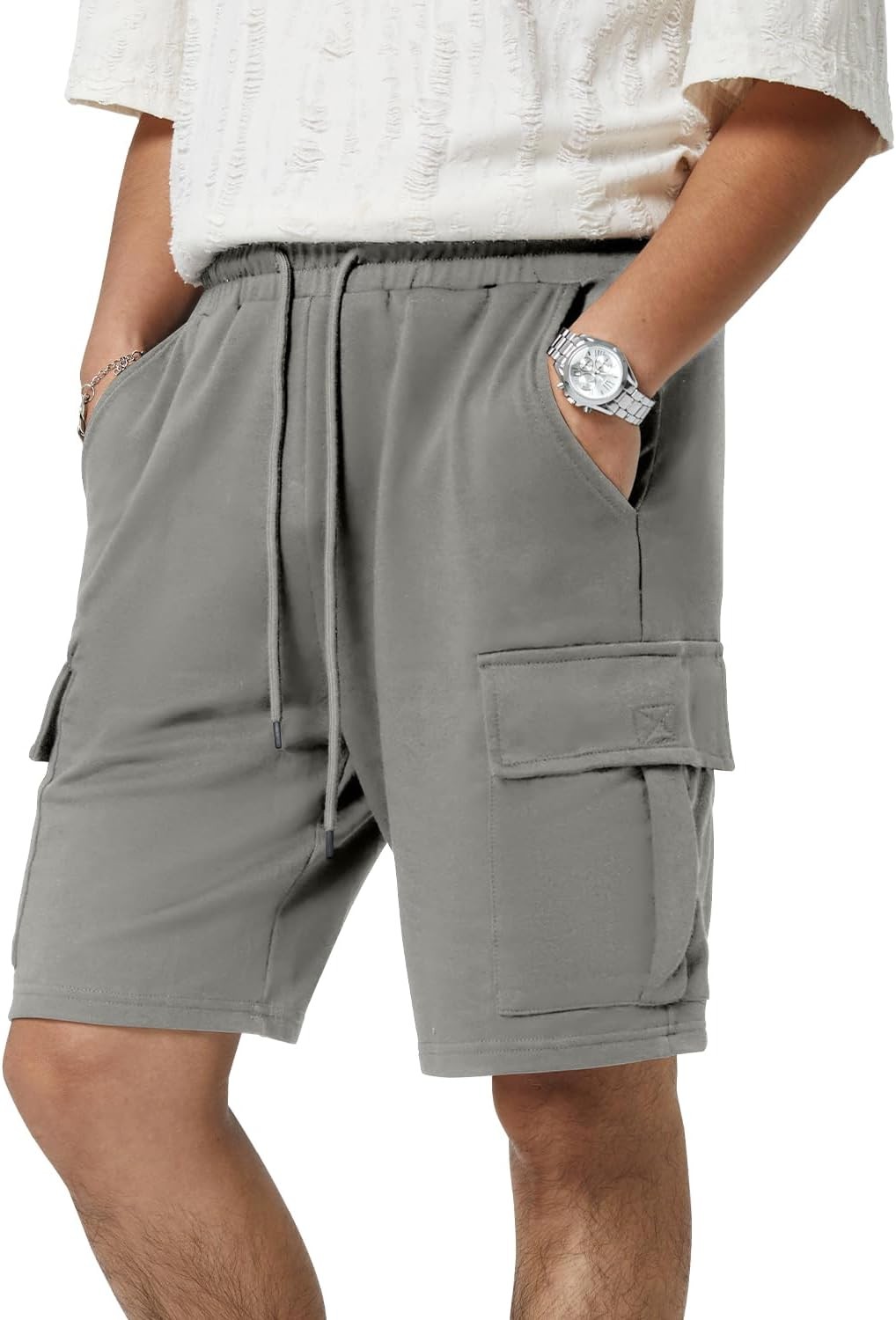 Mens 5 Pocket Athletic Cotton Shorts Drawstring Elastic Waist Workout Gym Cargo