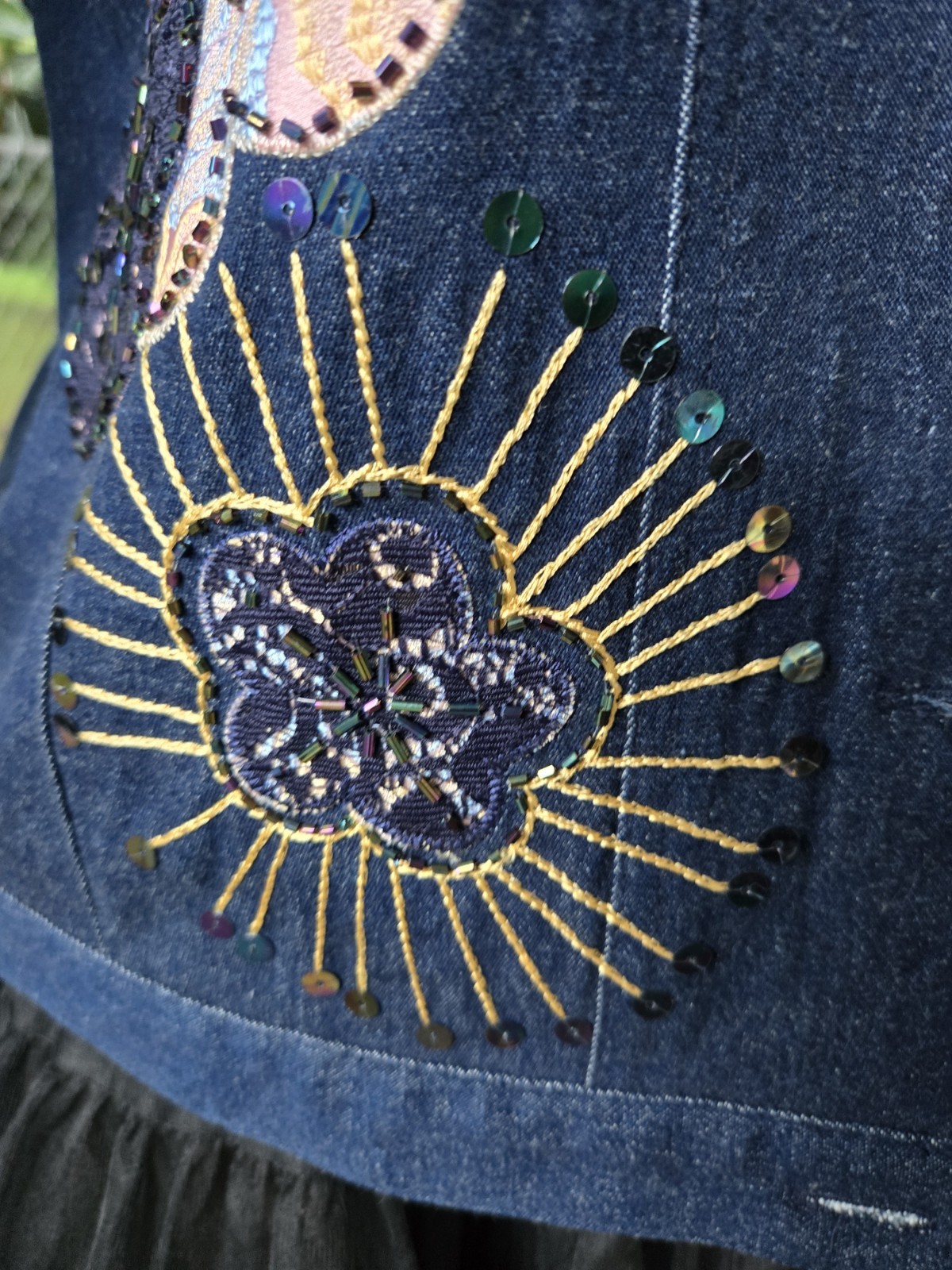 REDD Jeans Blue Floral Embroidered Sequin Beaded Button Short Jacket Size 8