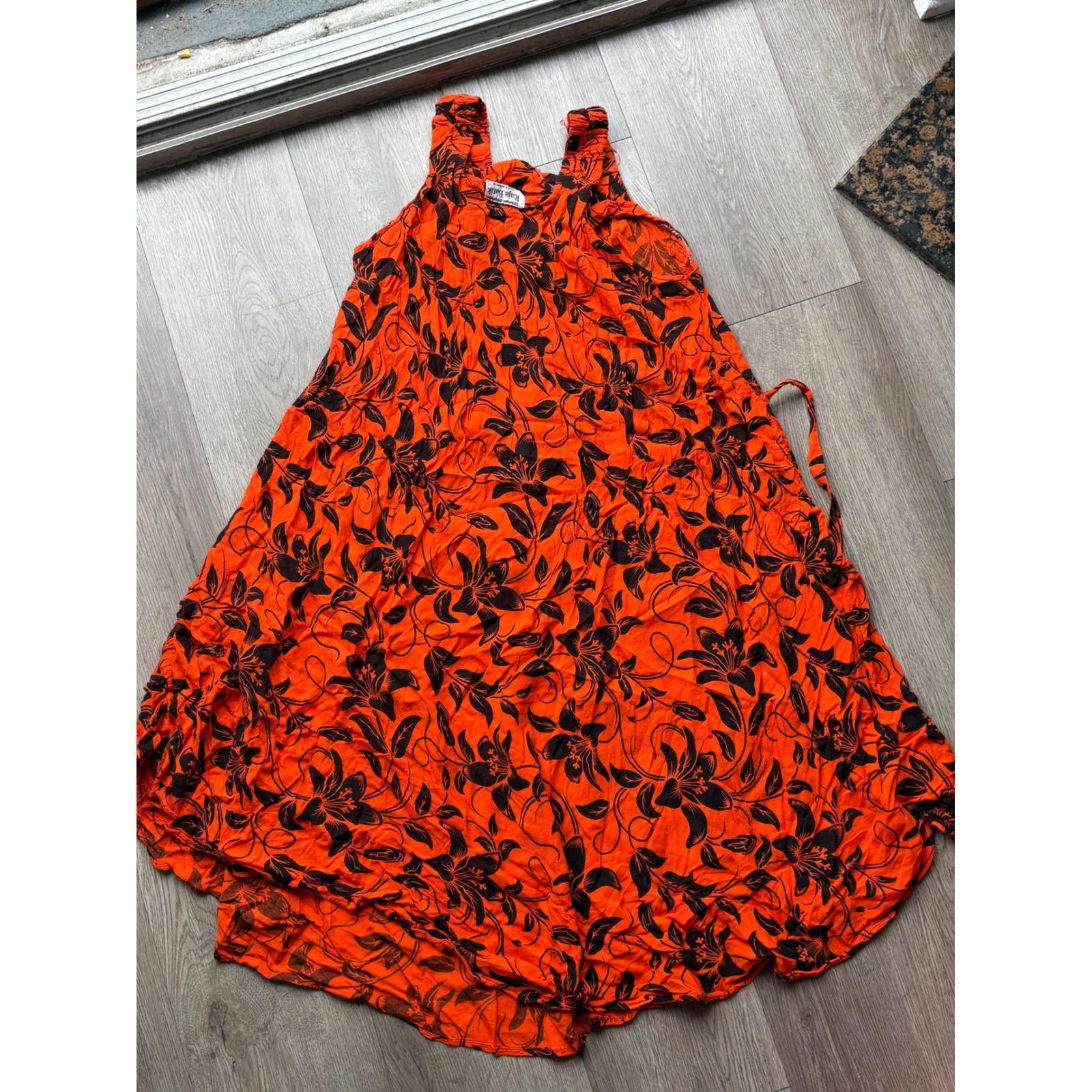 Raja Batik Orange Black Floral Rayon Sleeveless Mini Dress Made in Indonesia