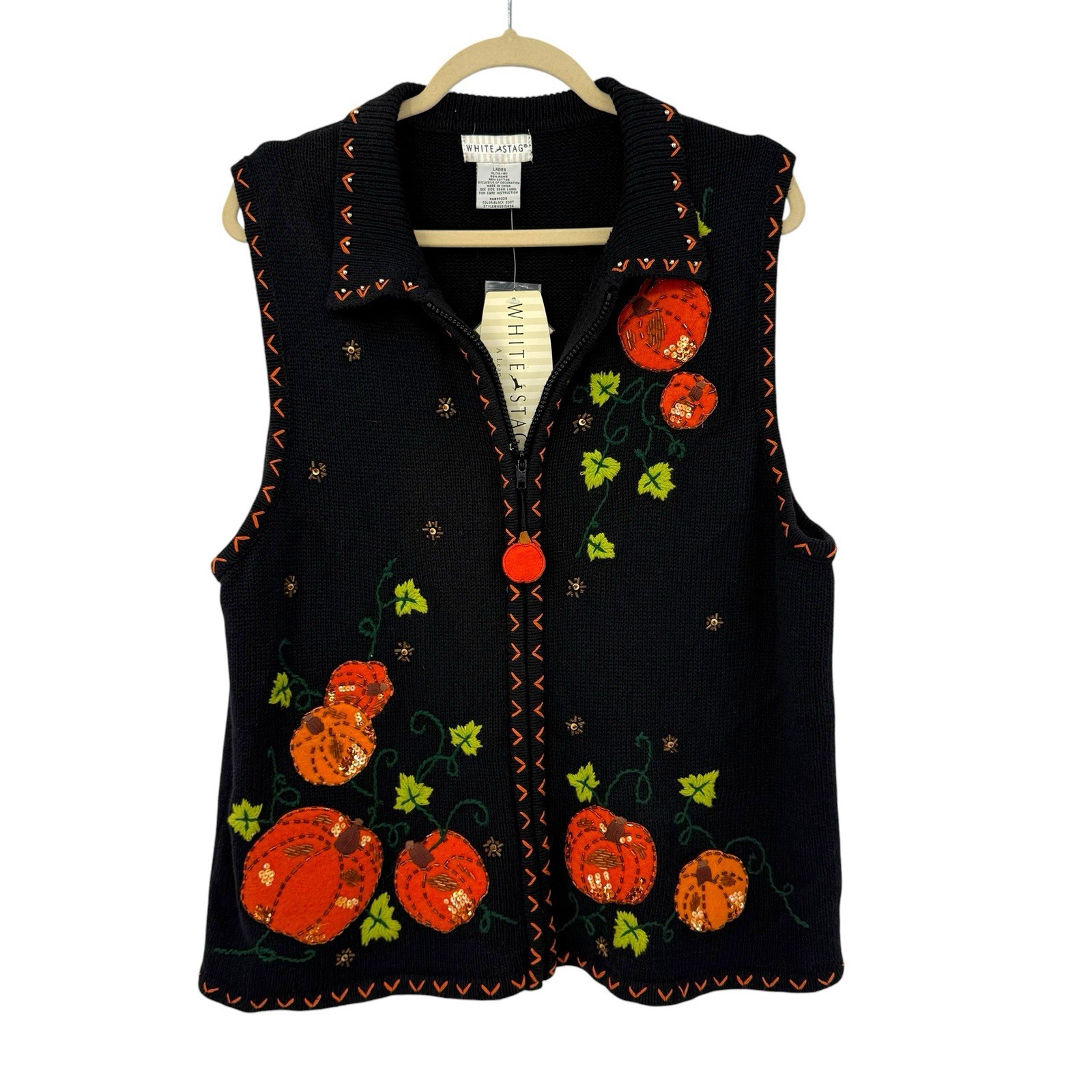 Vintage New WHITE STAG Fall Pumpkin Glitter Black Sweater Vest Sz L Sequin Zip