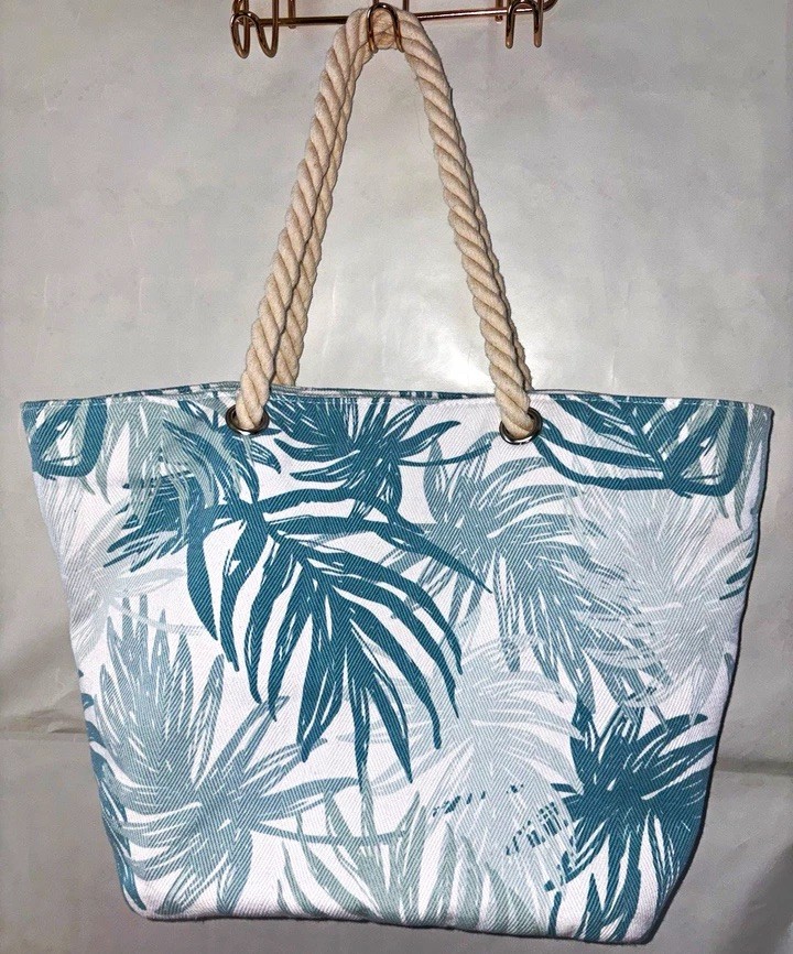 West Loop Tote Bag Tropical Palm Leaf Leaves Rope Handles Durable Fabric Teal Wh