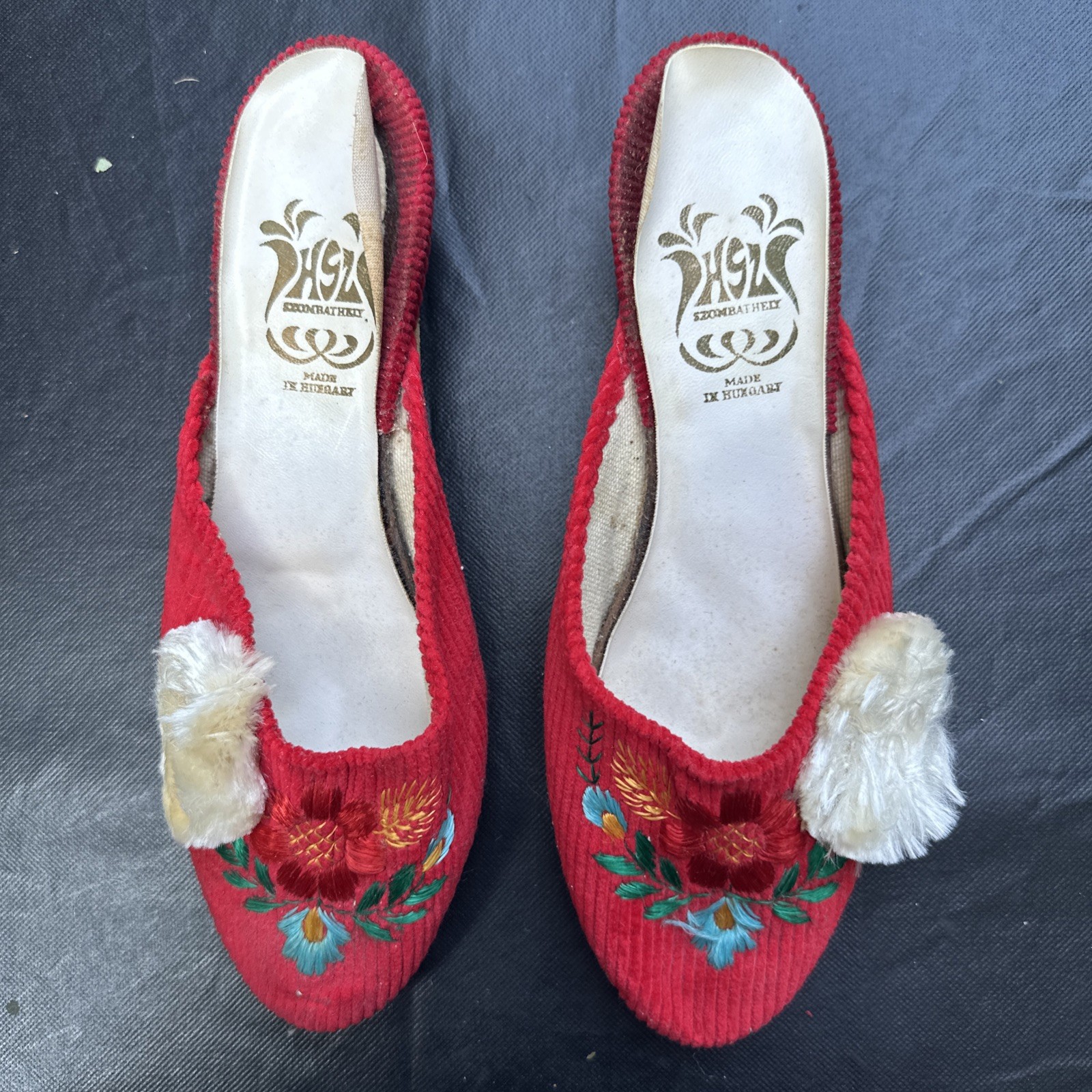 VTG Szombathely Hungary Red Corduroy Floral Embroidered Mule Slippers Heel SZ 37
