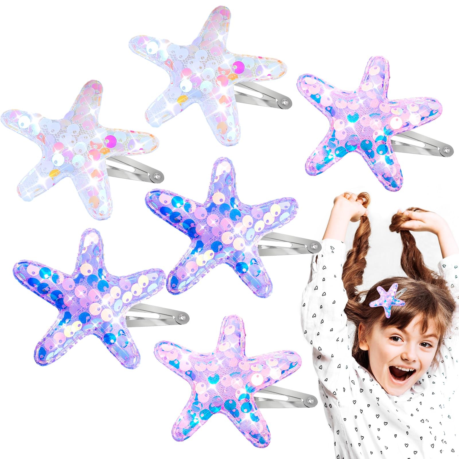 AOZUO 6 PCS Glitter Starfish Hair 1 Count (Pack of 6), Pink, Purple, White
