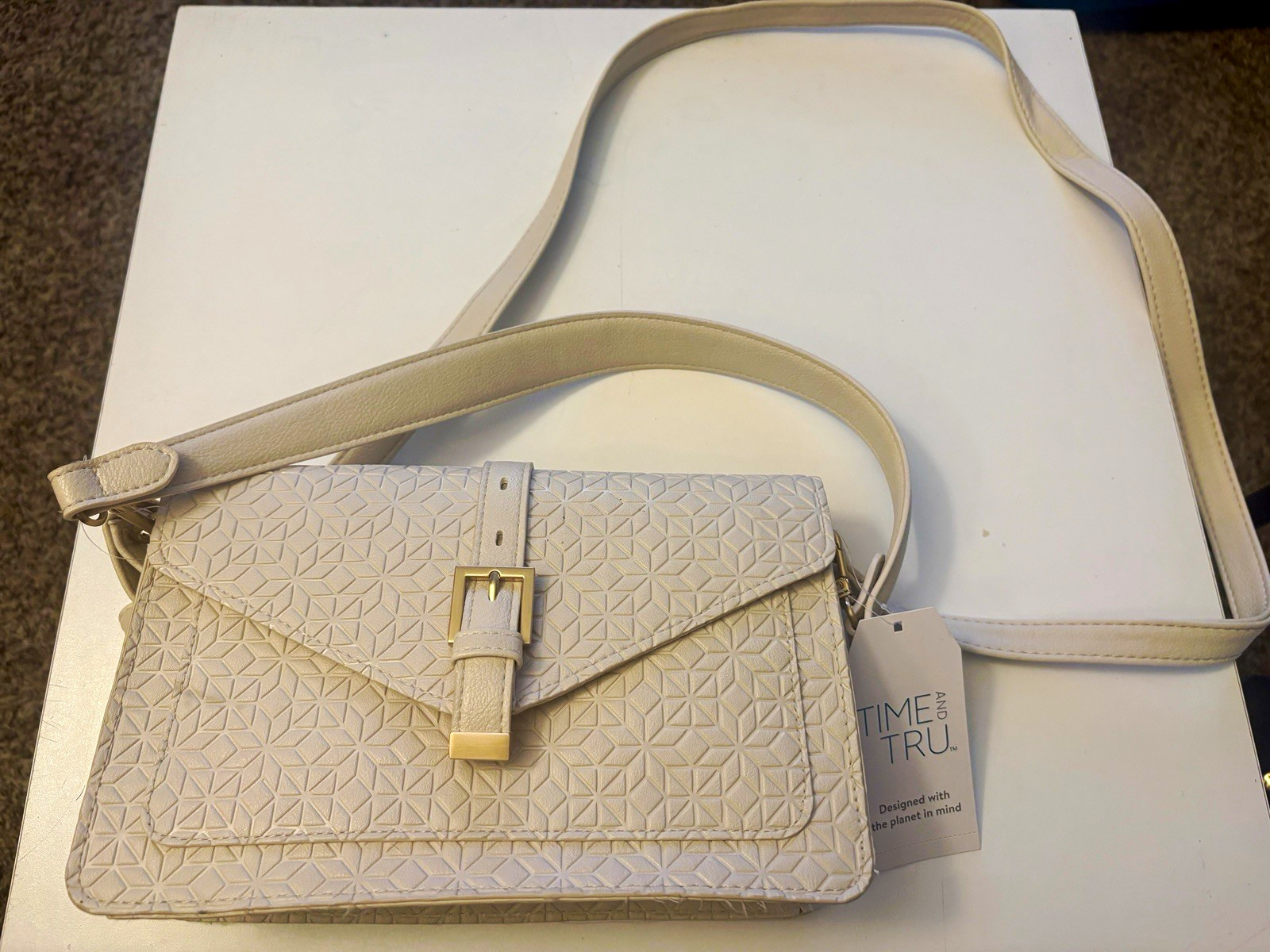 Time and Tru Beige Geometric Embossed Crossbody Magnetic Detachable Strap Gold