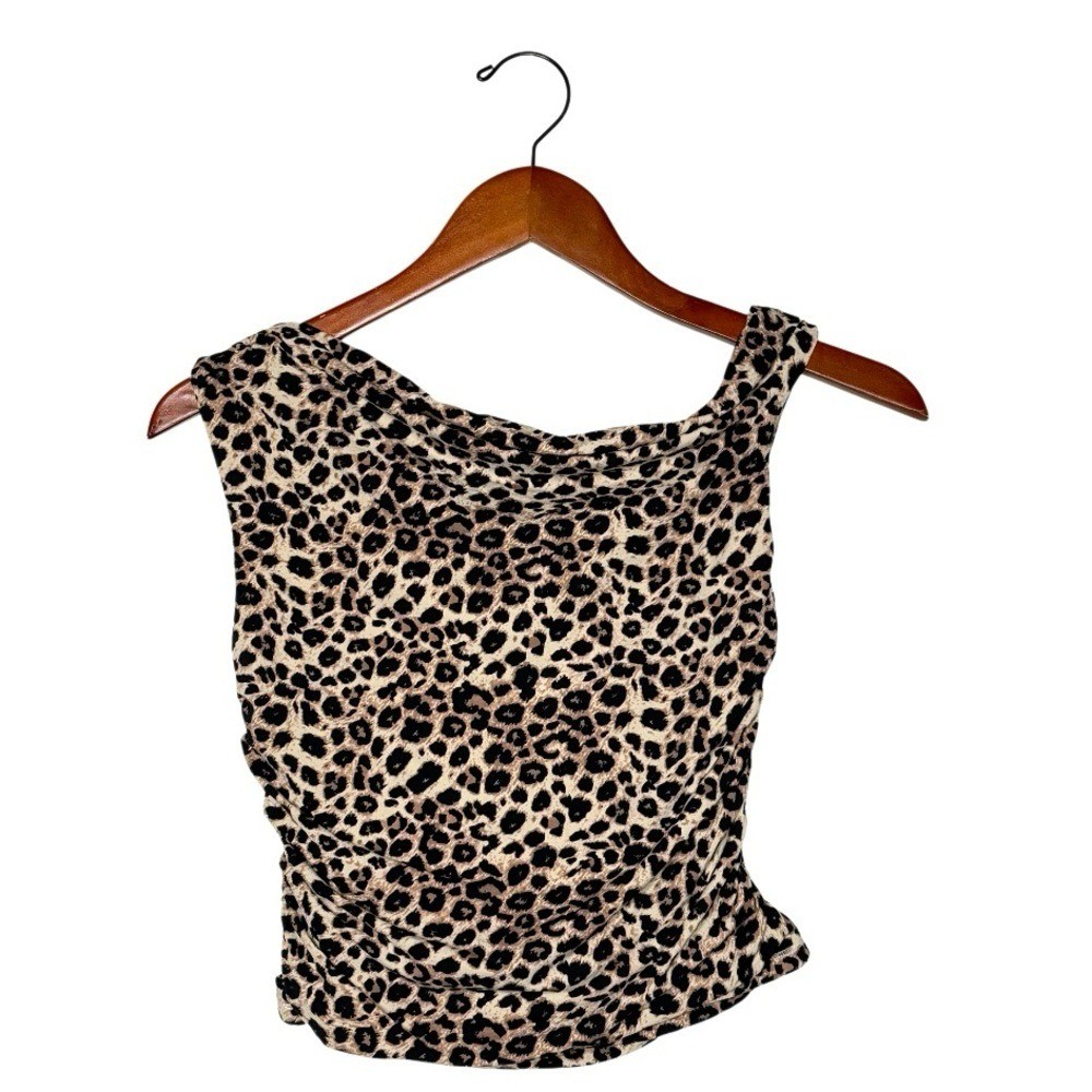 SUUKSESS Double Lined Leopard Print Crop Top, Ruched Side, One Shoulder Size S