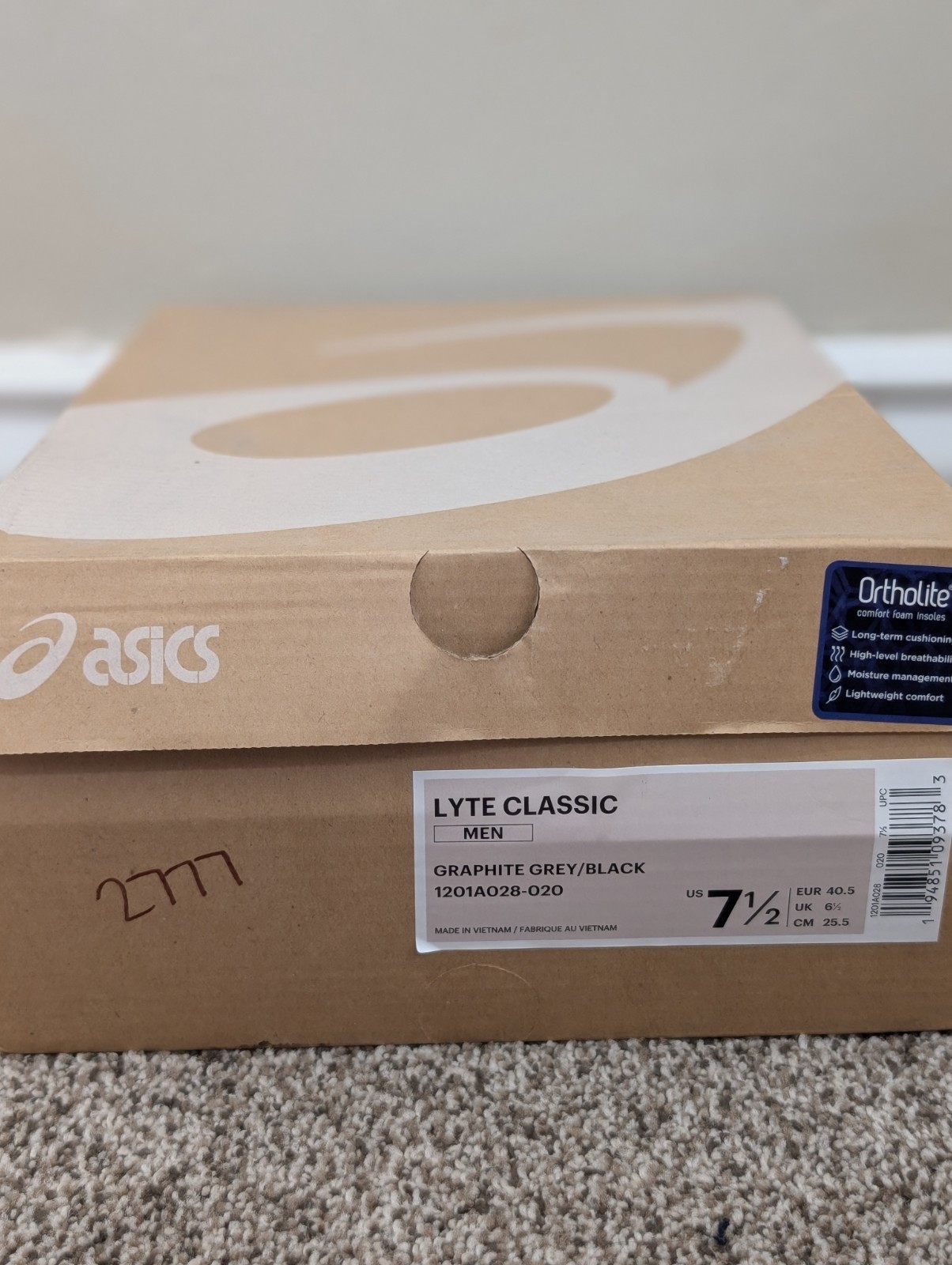 Size 7.5 Men’s Asics Lyte Classic Grey/Black Lace Up Athletic Shoes 1201A028-020