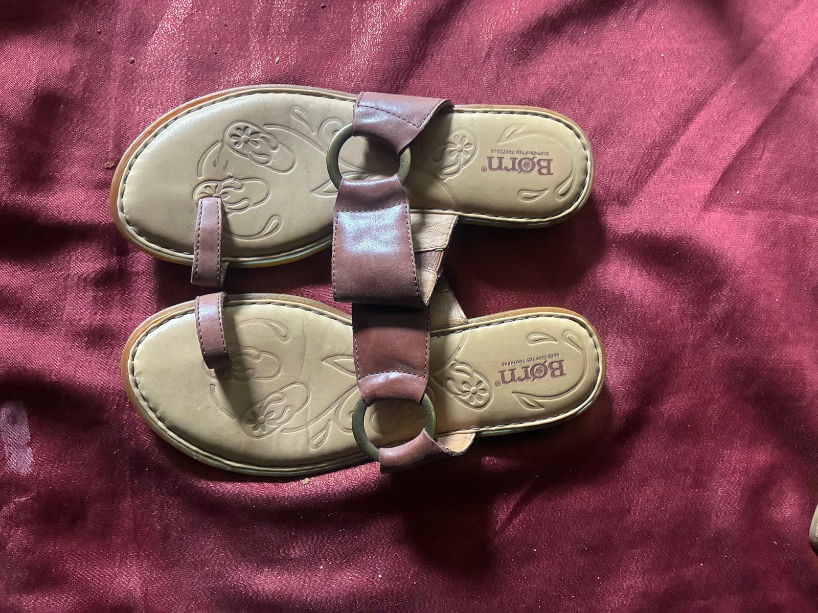 Born Sandals Womens Not Specified Brown Leather Toe Loop Slip On Ring Accent