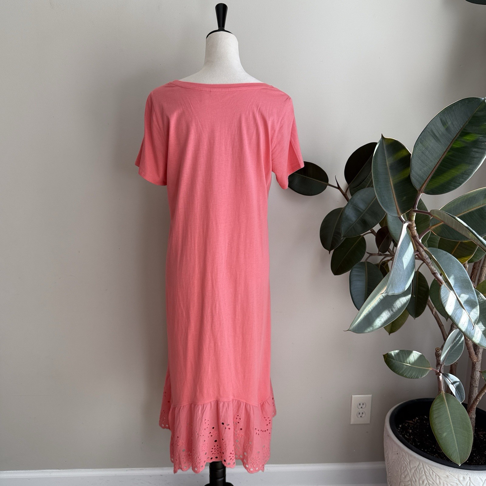 LOGO by Lori Goldstein Cotton Modal Dress Lace Eyelet Hem Size Medium Coral
