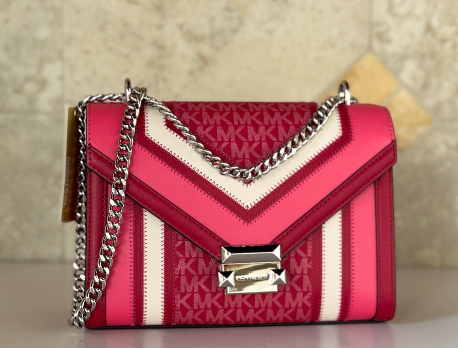Michael Kors Whitney Medium Flap Shoulder Chain Crossbody Bag MK Dark Raspberry
