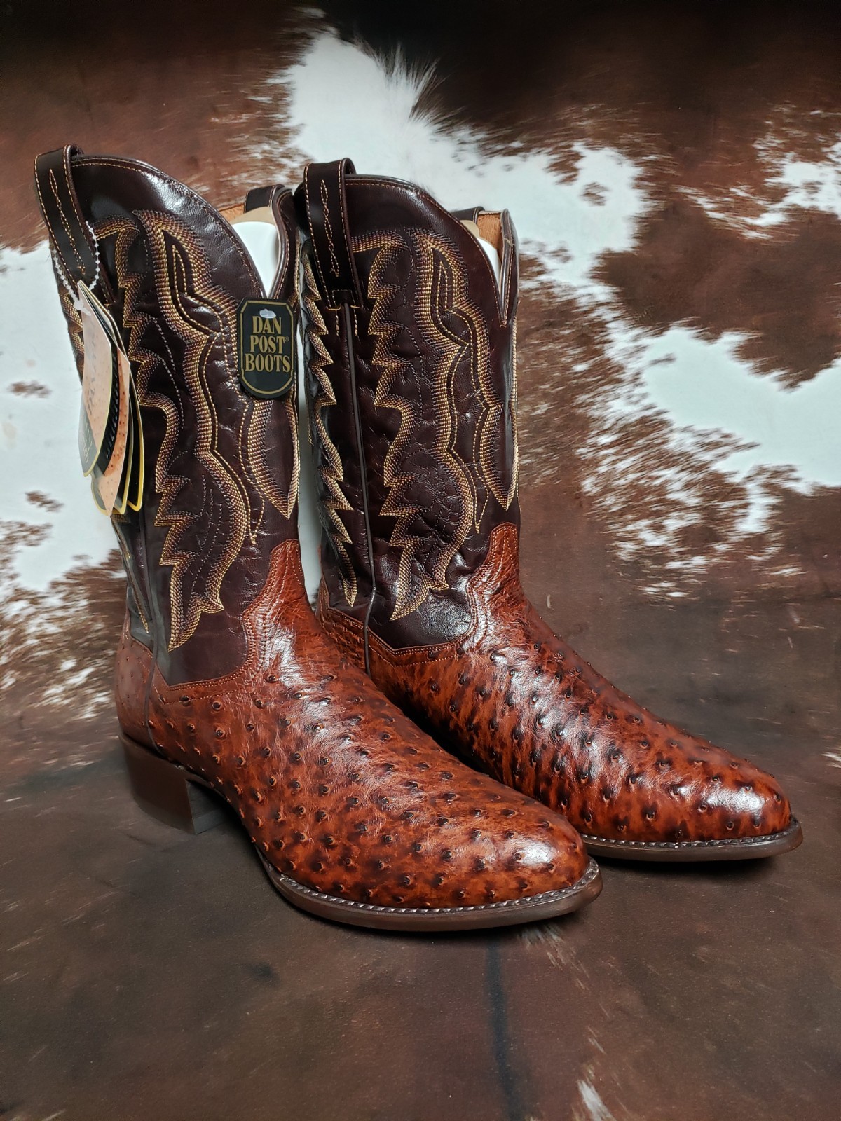 Dan Post Pershing Brass Full Quill Ostrich Western Boots Round Toe Mens Sz 12 D