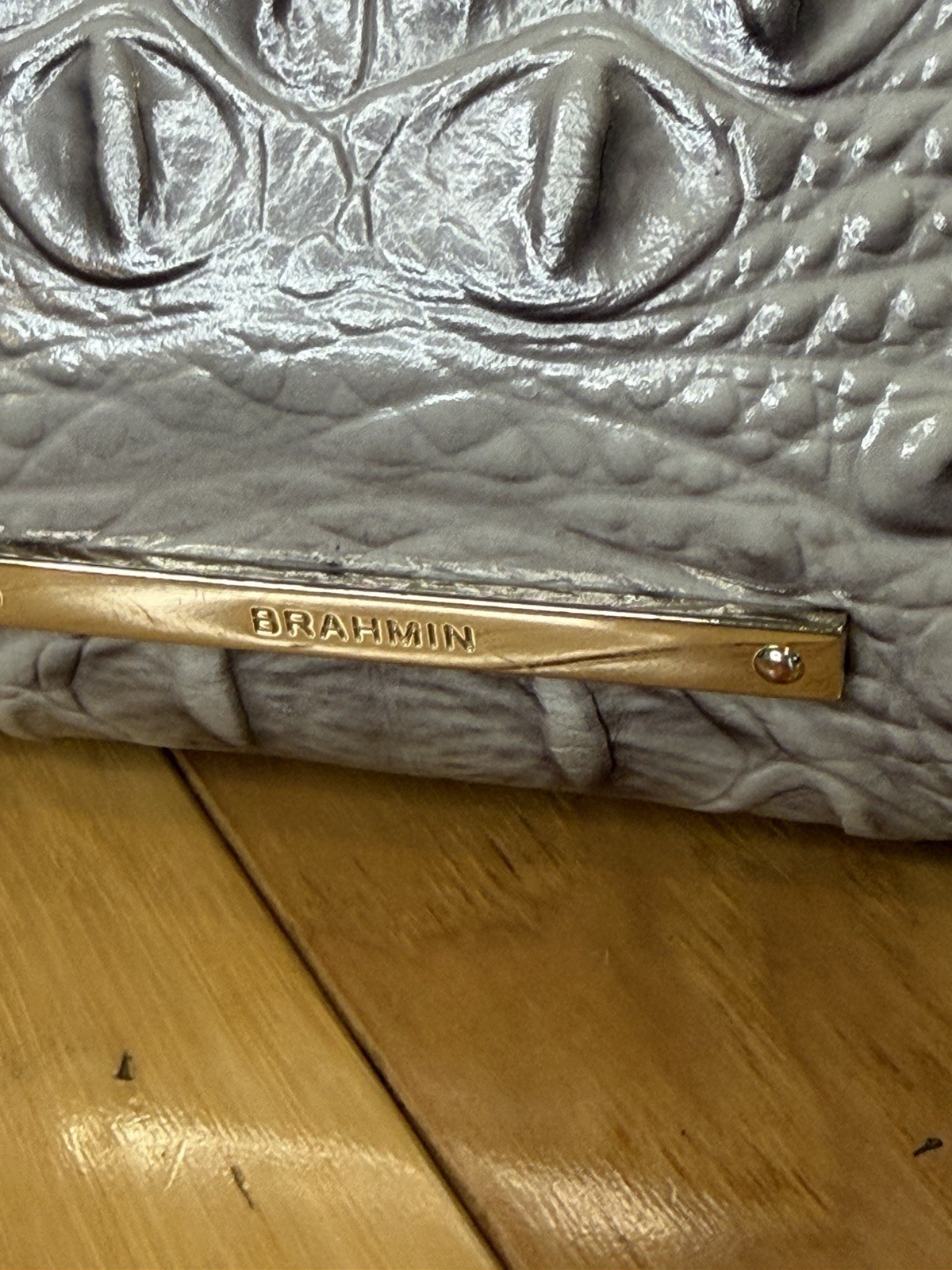 Brahmin Melbourne Gray Croc Embossed Leather Shoulder Bag Purse Gold Hardware