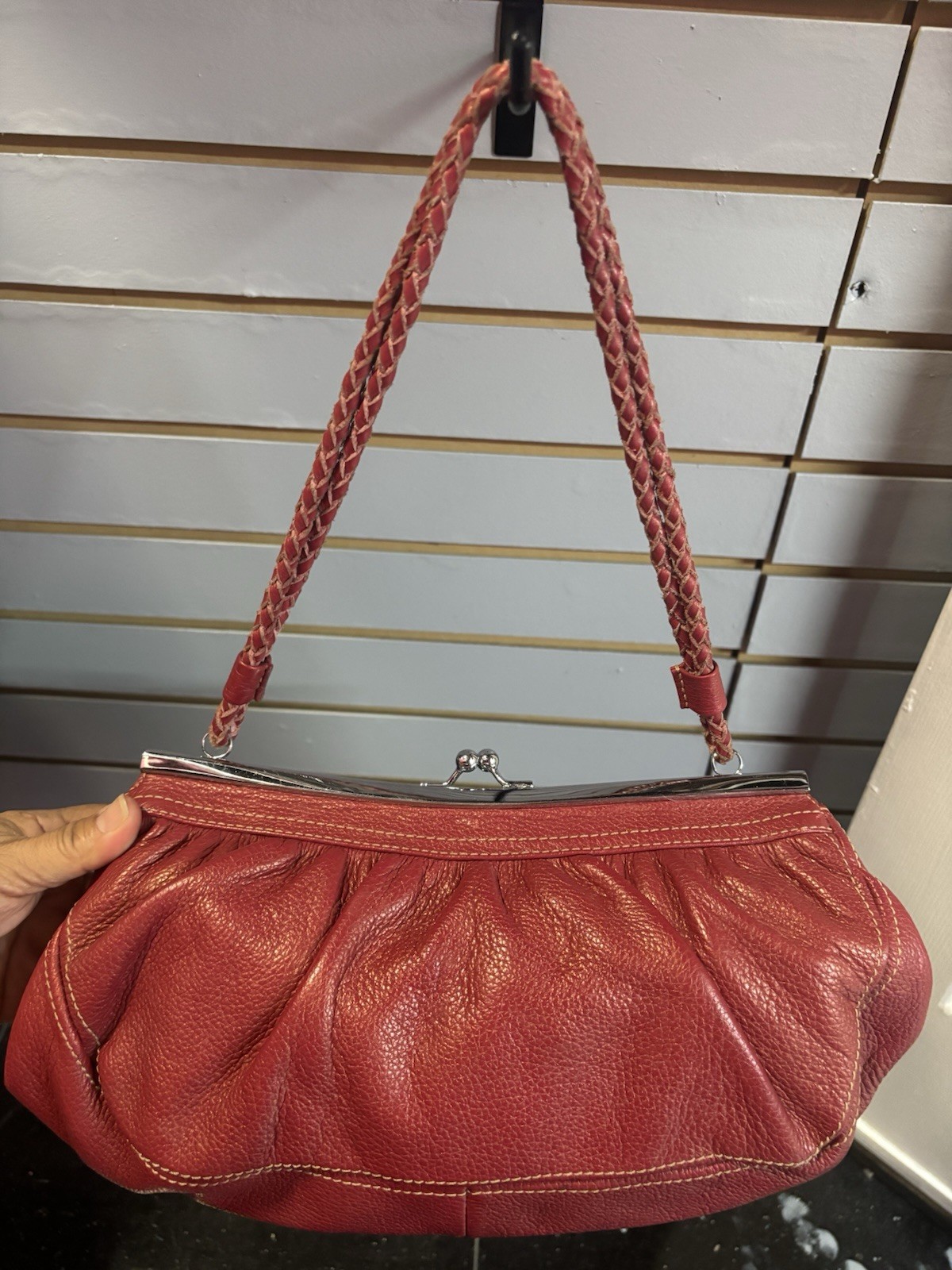 Red Women’s Shoulder Bag Solid Braided Strap Kiss Lock Zipper Silver Lined