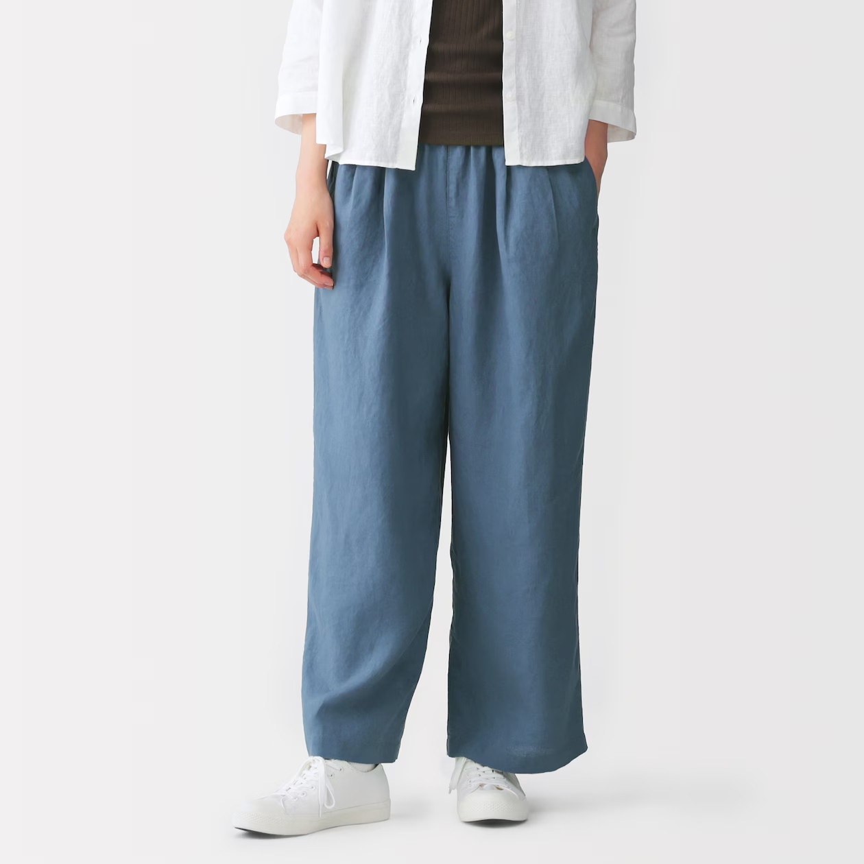MUJI Womens 100% Linen Washed Easy Wide Pants Smoky Blue FedEx